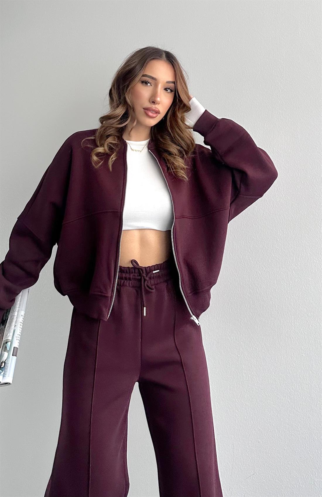 Fermuarlı Hakım Yaka Pantolonlu Eşofman Takımı MÜRDÜM