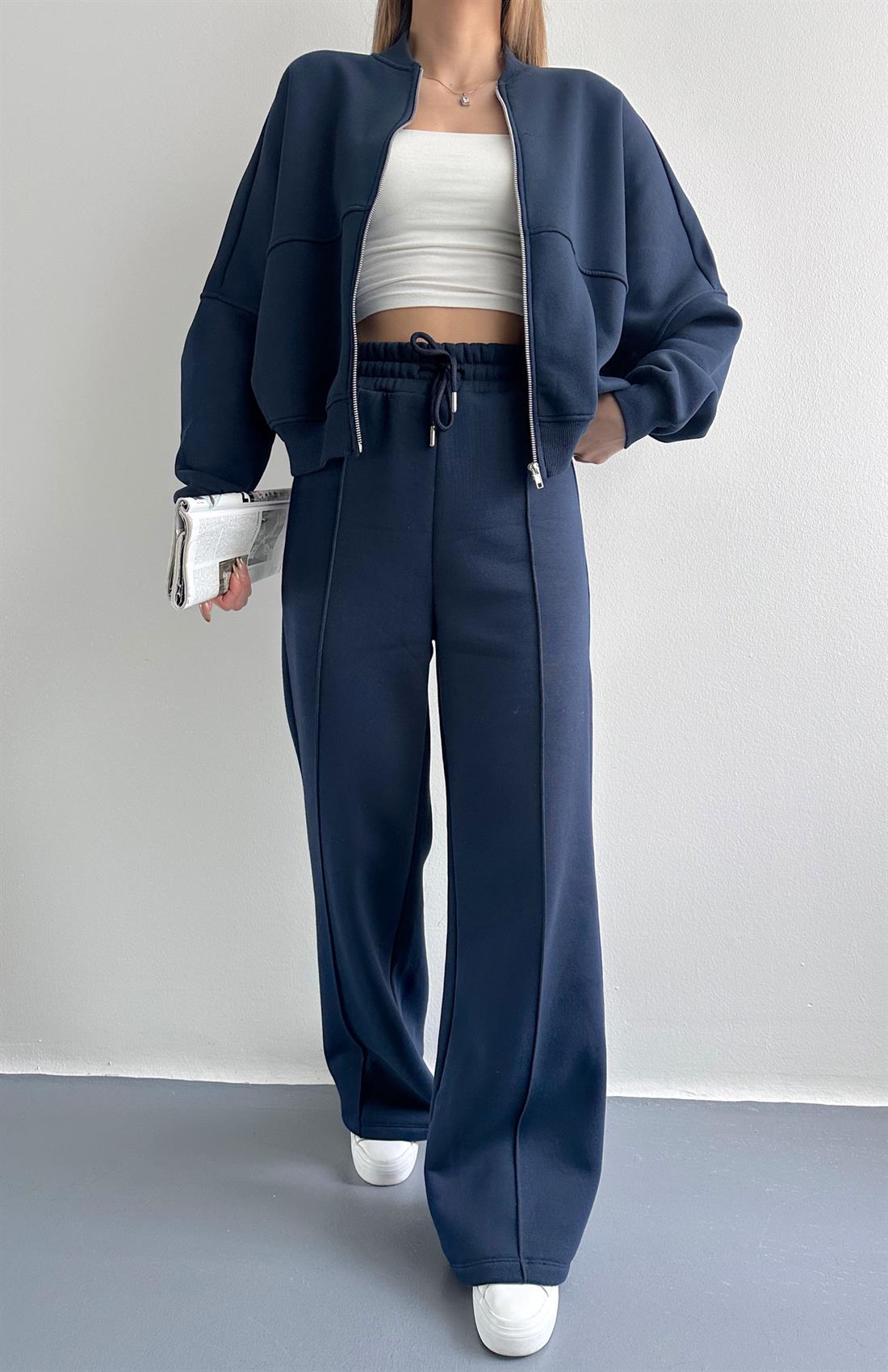 Fermuarlı Hakım Yaka Pantolonlu Eşofman Takımı LACİVERT