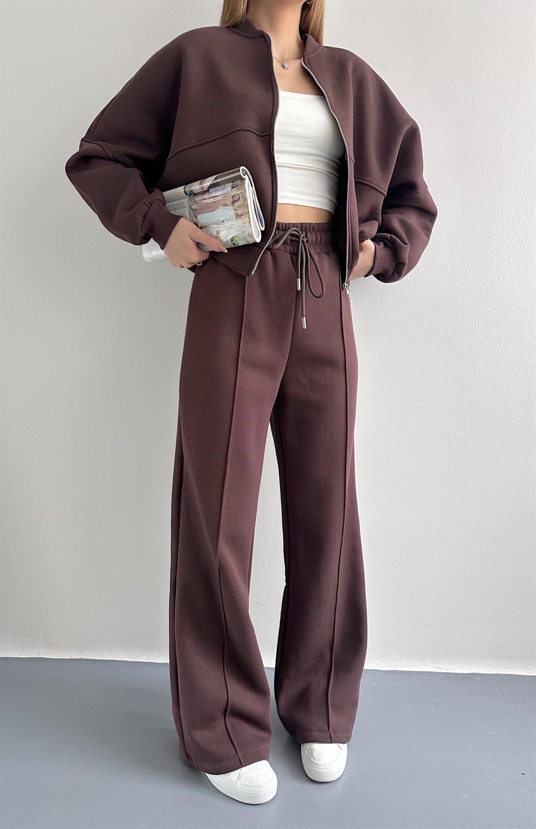 Fermuarlı Hakım Yaka Pantolonlu Eşofman Takımı KOYU KAHVE