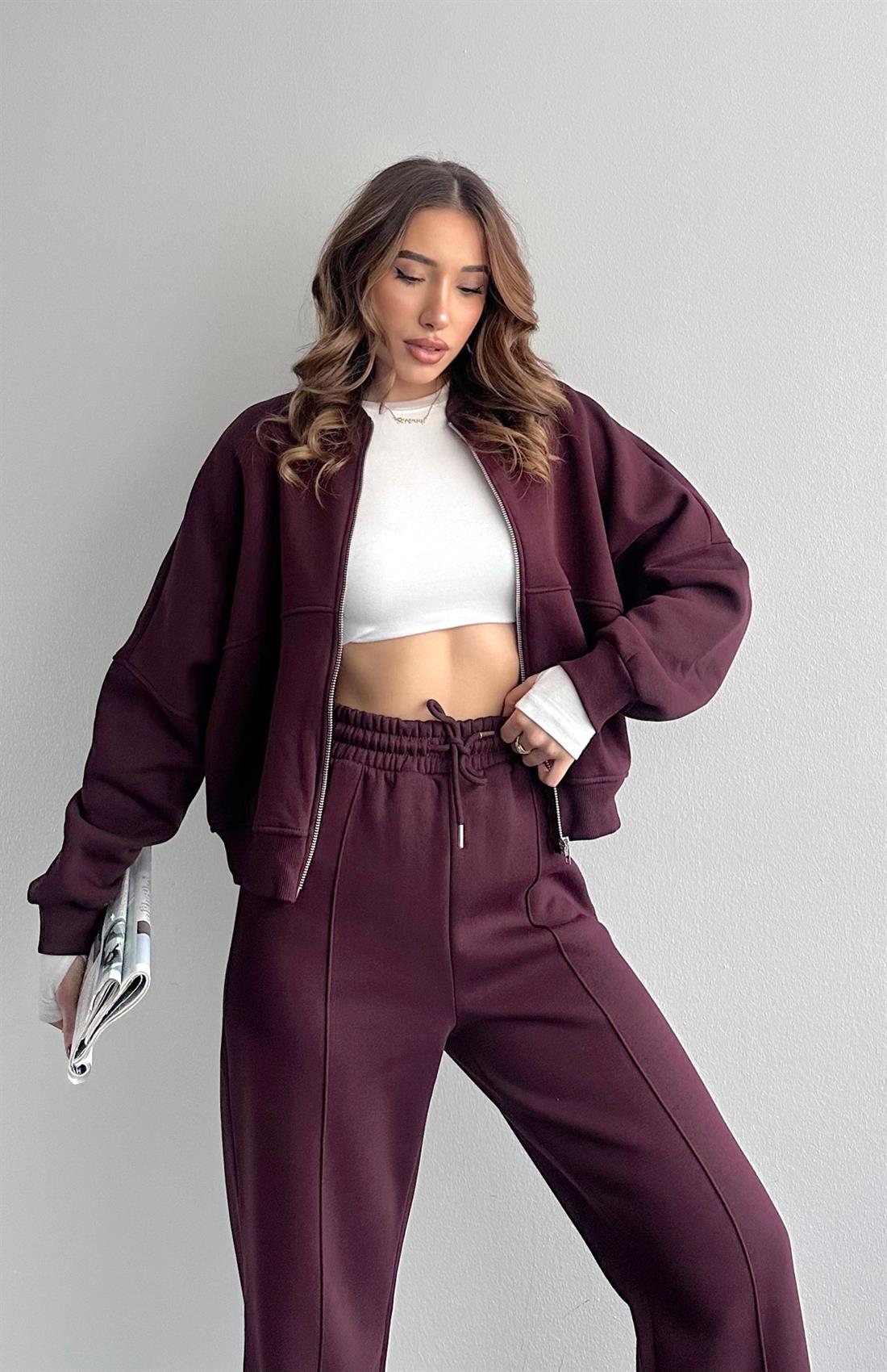 Fermuarlı Hakım Yaka Pantolonlu Eşofman Takımı MÜRDÜM