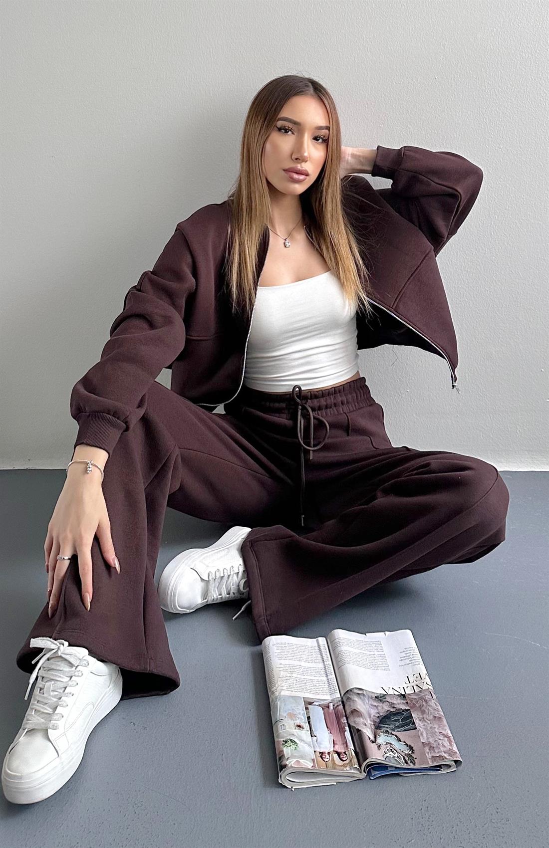 Fermuarlı Hakım Yaka Pantolonlu Eşofman Takımı KOYU KAHVE