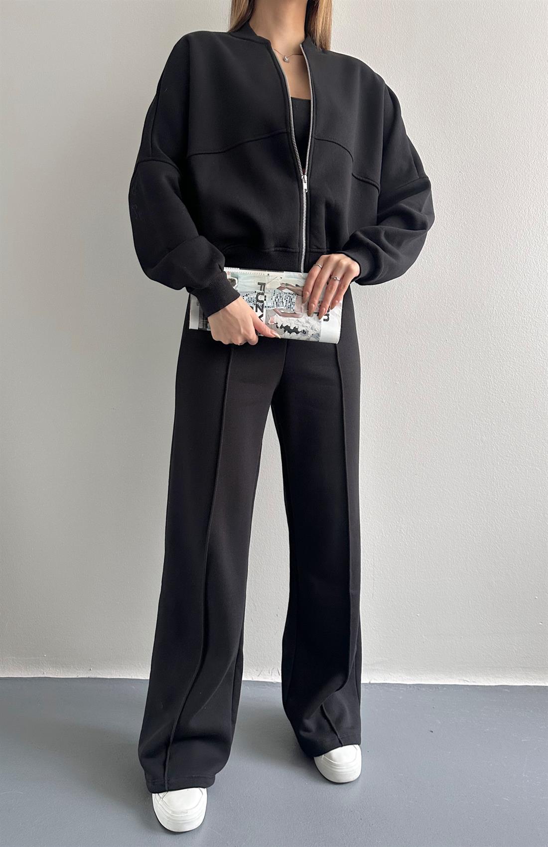 Fermuarlı Hakım Yaka Pantolonlu Eşofman Takımı SİYAH