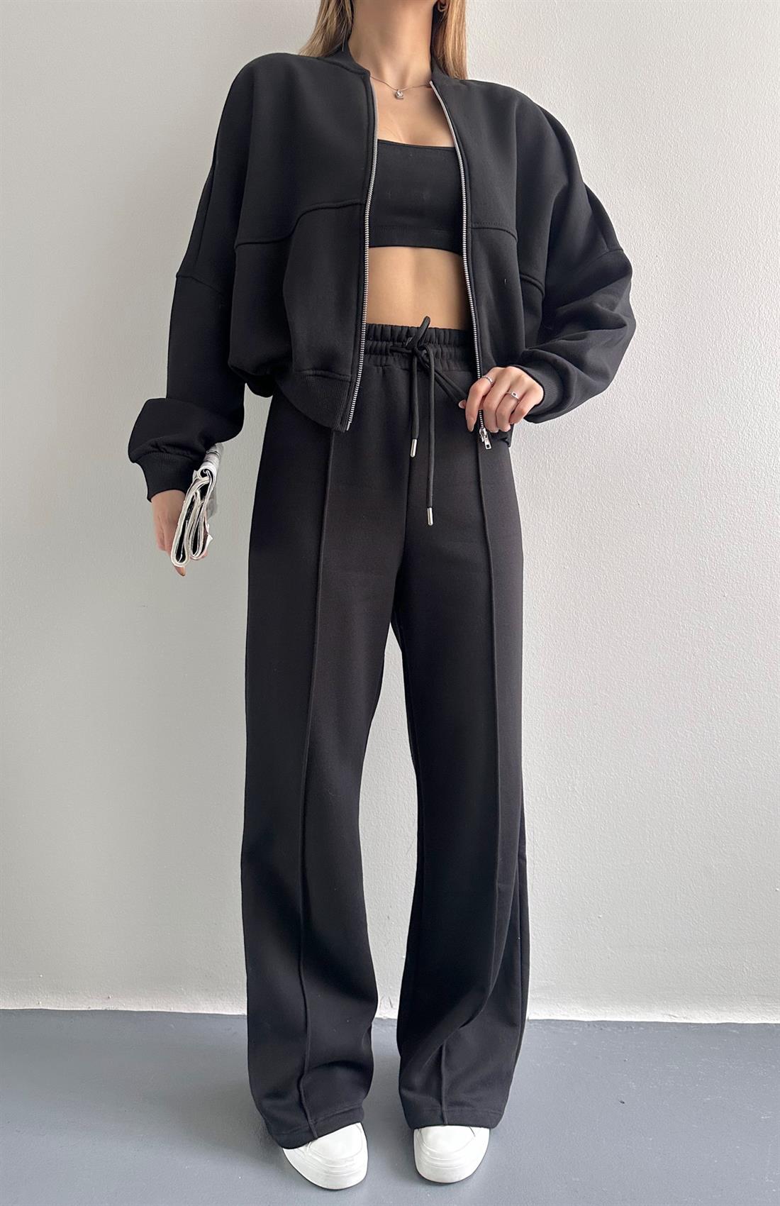 Fermuarlı Hakım Yaka Pantolonlu Eşofman Takımı SİYAH