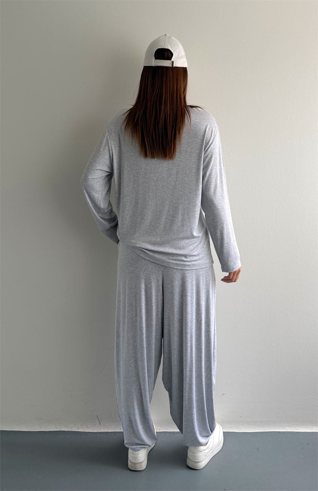 Kalp Nakiş Örme Bluz Pantolon Takım GRİ