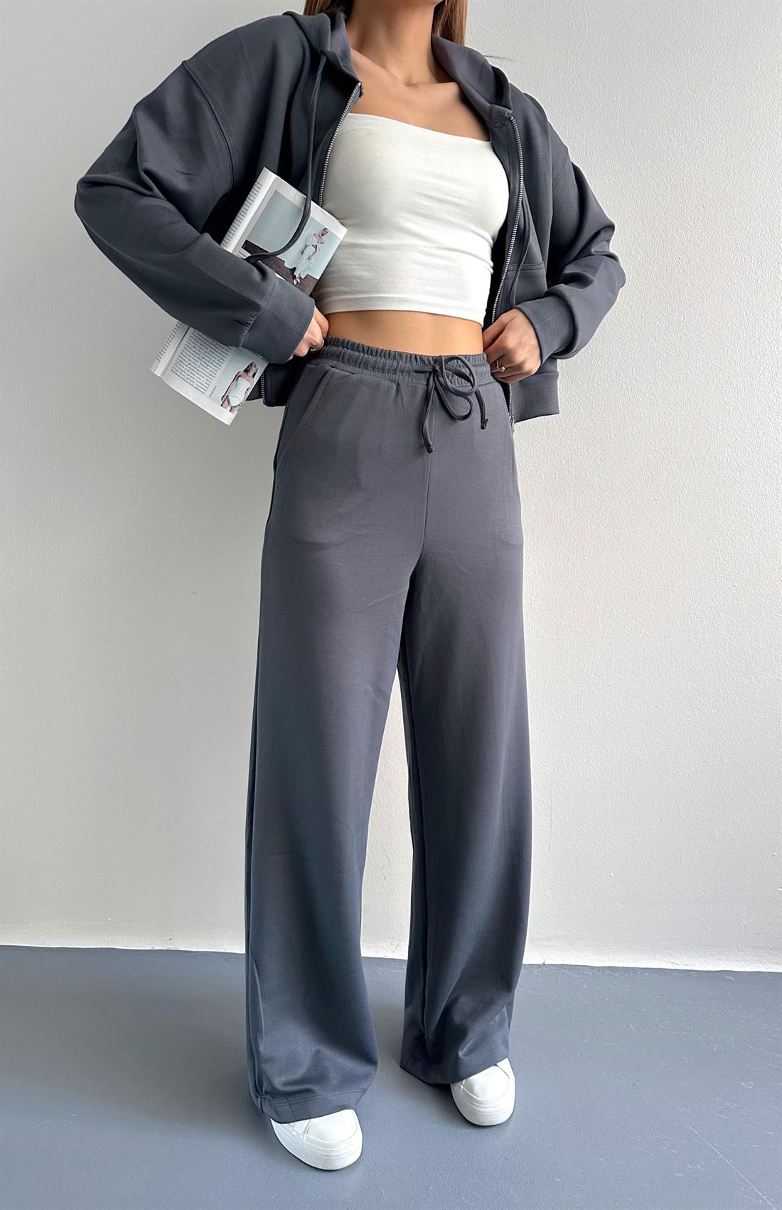 Kapşonlu Fermuarlı Pantolon Modal Takım FÜME