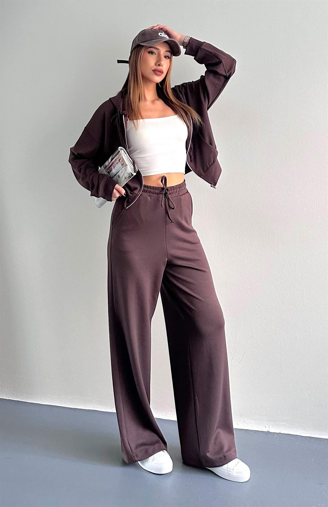 Kapşonlu Fermuarlı Pantolon Modal Takım KAHVERENGİ