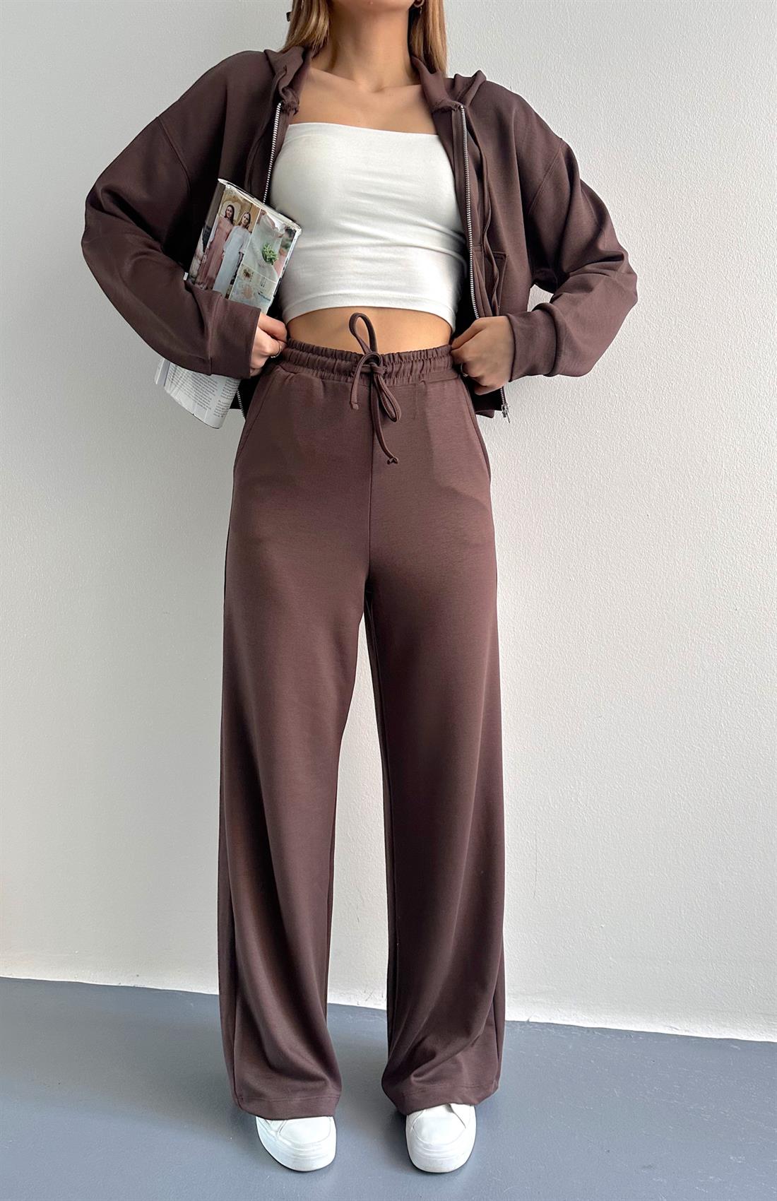 Kapşonlu Fermuarlı Pantolon Modal Takım KAHVERENGİ
