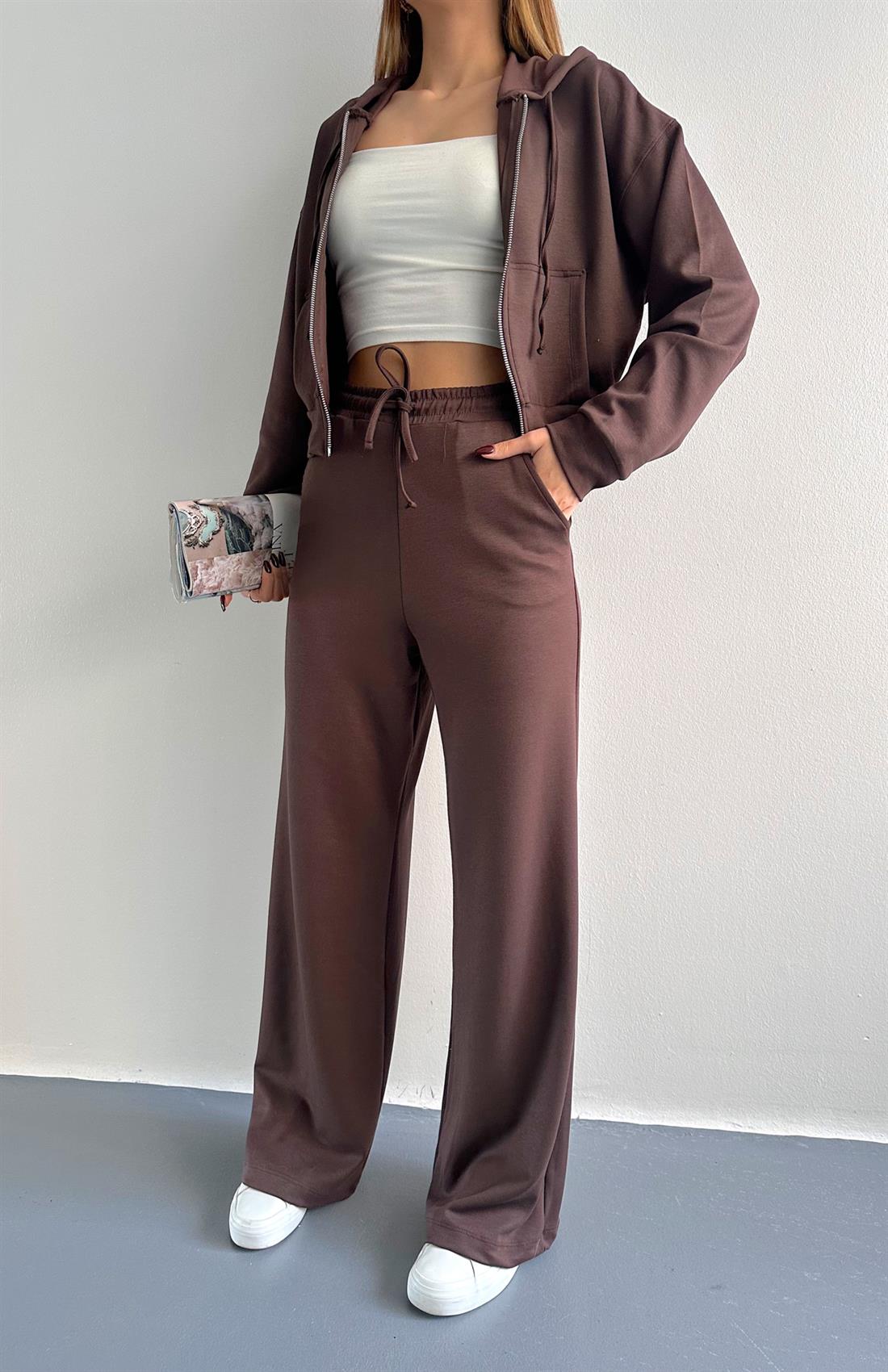 Kapşonlu Fermuarlı Pantolon Modal Takım KAHVERENGİ