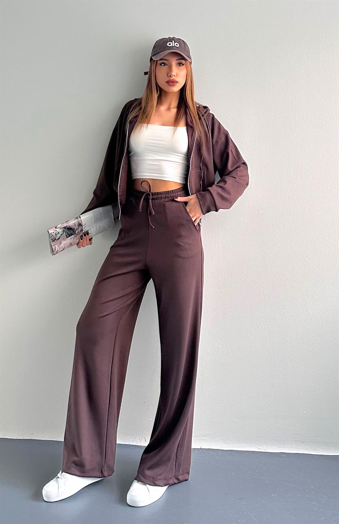 Kapşonlu Fermuarlı Pantolon Modal Takım KAHVERENGİ