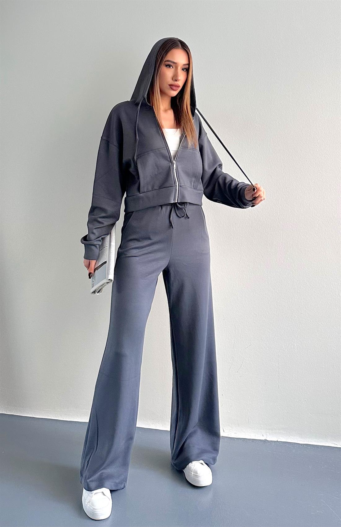 Kapşonlu Fermuarlı Pantolon Modal Takım FÜME