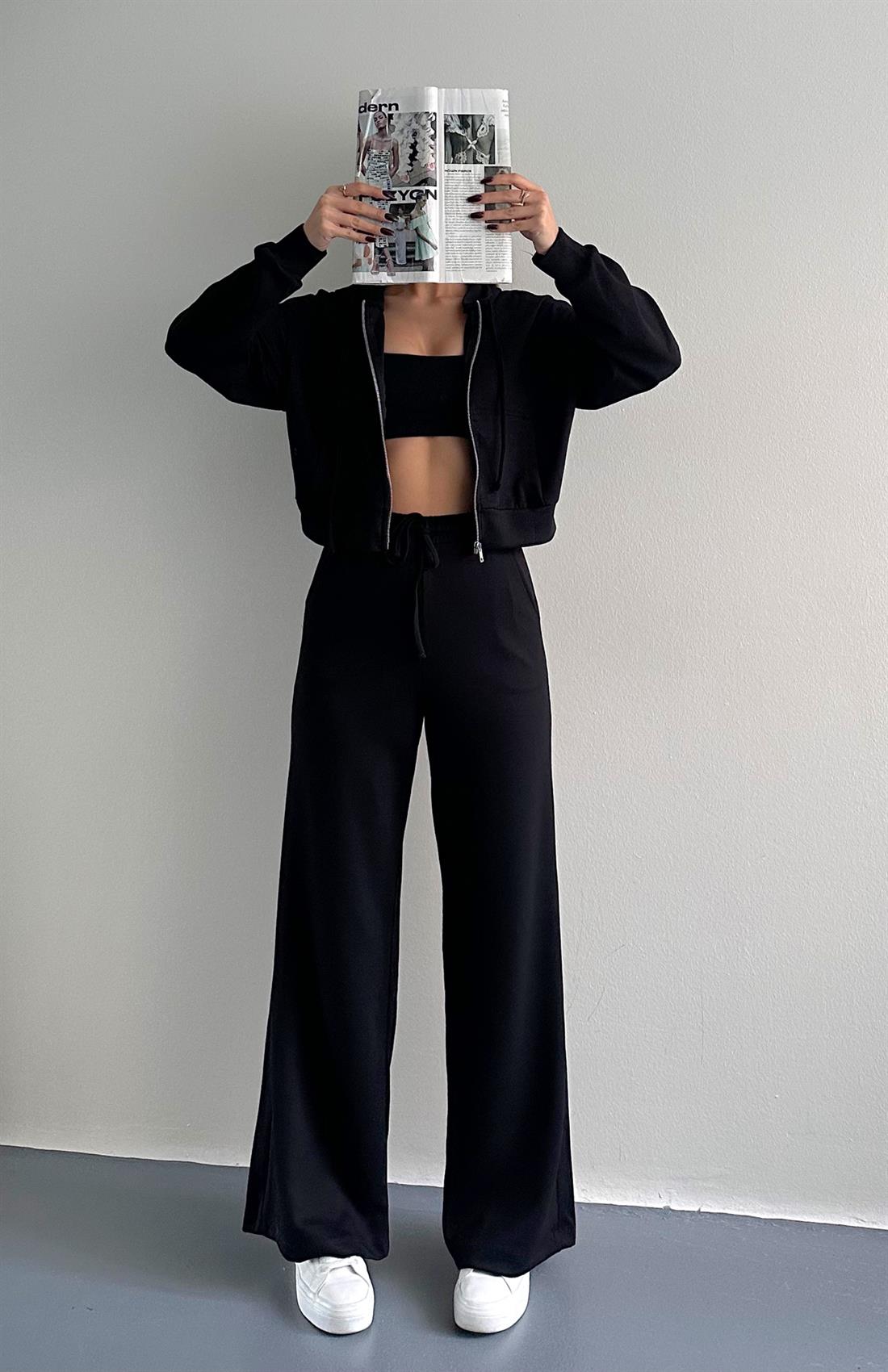 Kapşonlu Fermuarlı Pantolon Modal Takım SİYAH