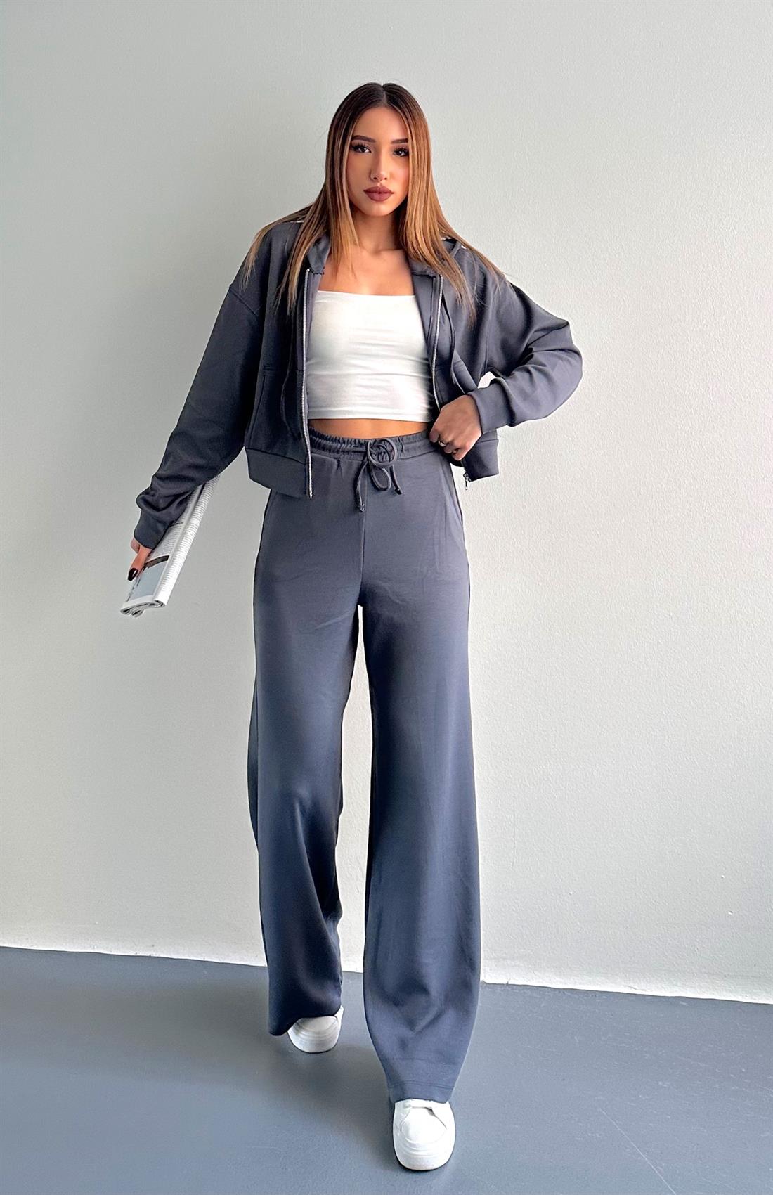 Kapşonlu Fermuarlı Pantolon Modal Takım FÜME