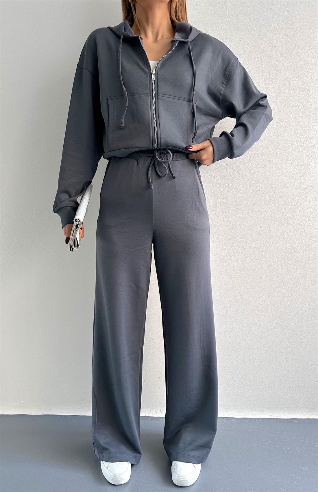 Kapşonlu Fermuarlı Pantolon Modal Takım FÜME