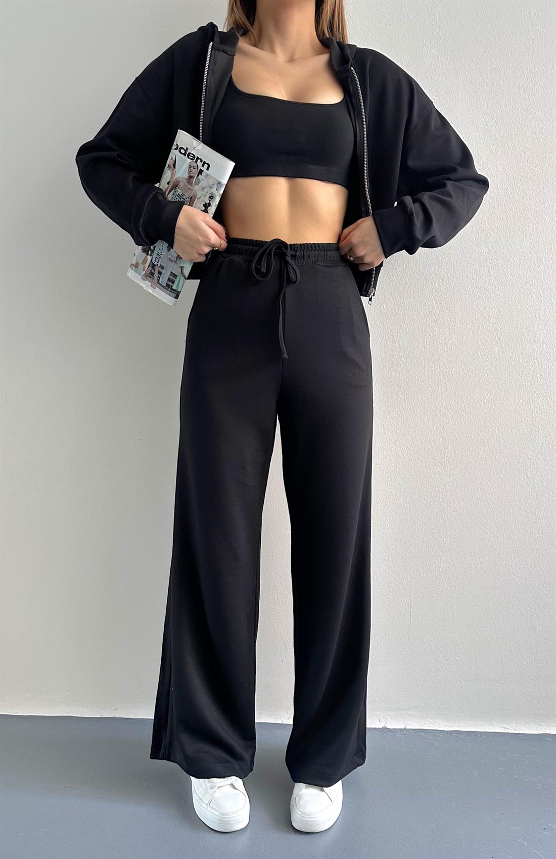 Kapşonlu Fermuarlı Pantolon Modal Takım SİYAH