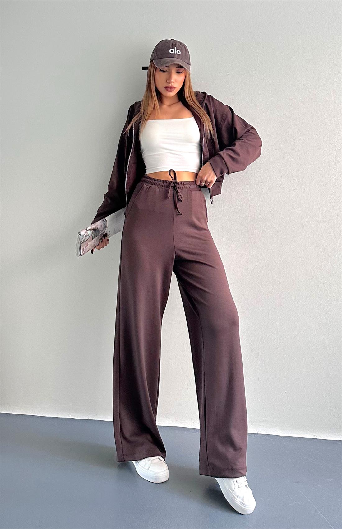 Kapşonlu Fermuarlı Pantolon Modal Takım KAHVERENGİ