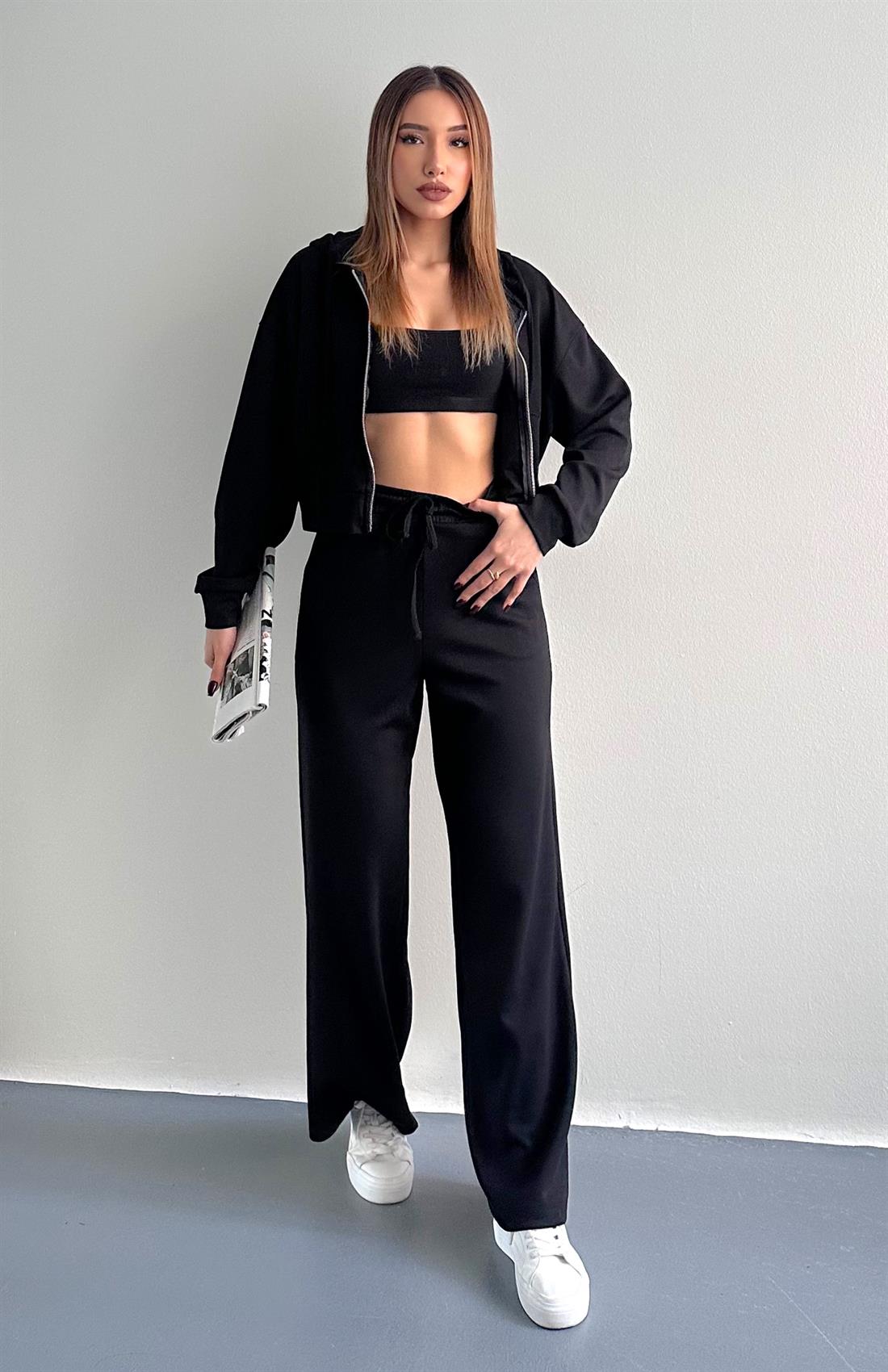 Kapşonlu Fermuarlı Pantolon Modal Takım SİYAH