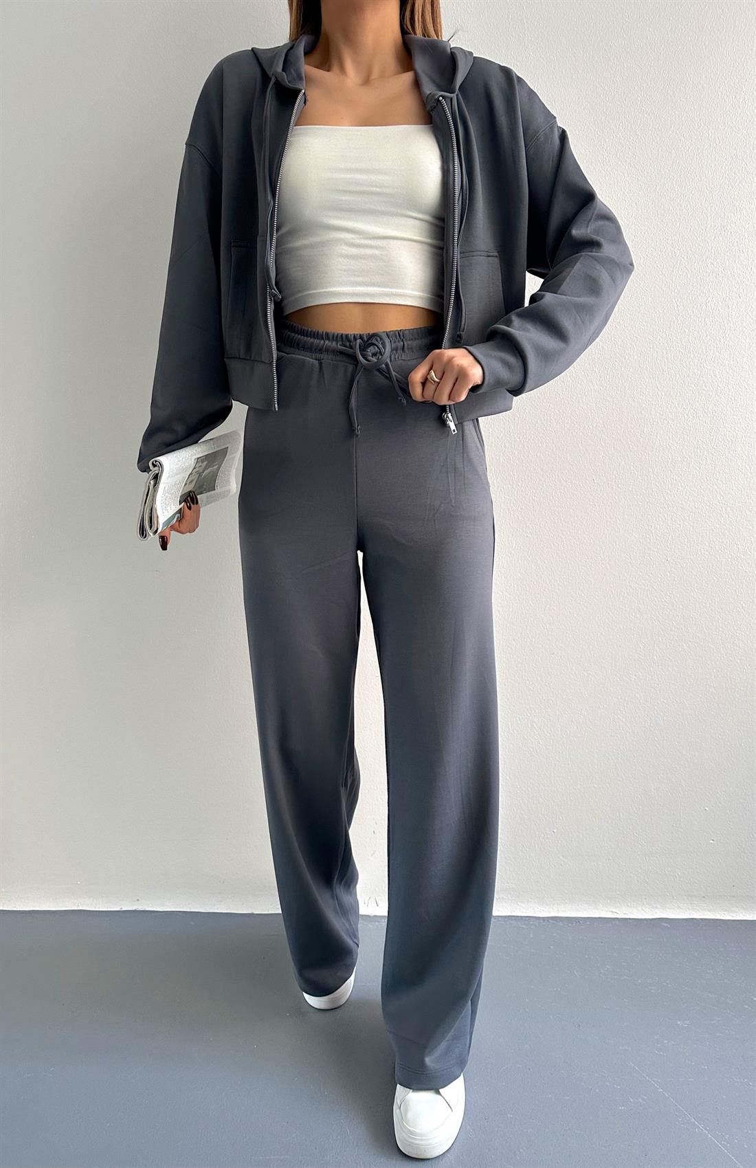 Kapşonlu Fermuarlı Pantolon Modal Takım FÜME