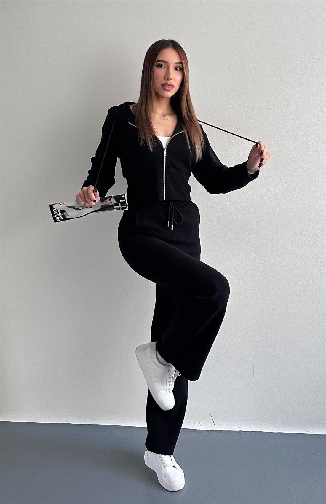 Kapşonlu Fermuarlı Selanik Takım SİYAH