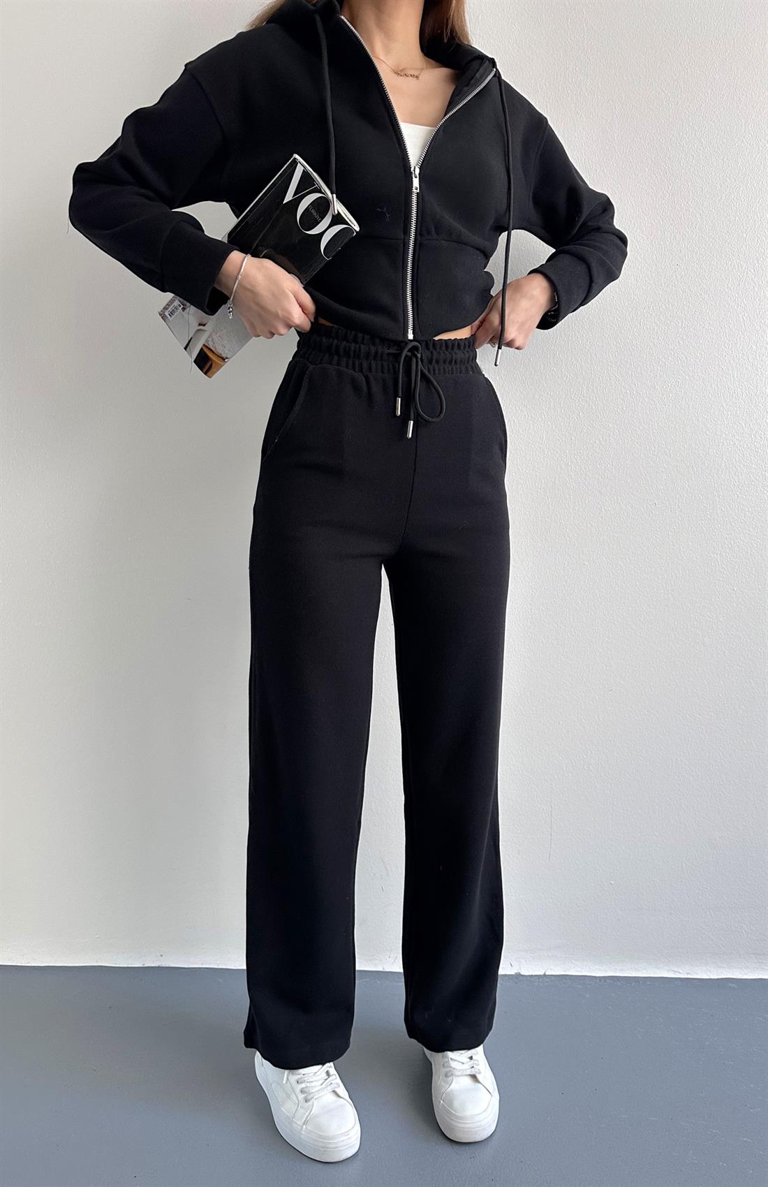 Kapşonlu Fermuarlı Selanik Takım SİYAH