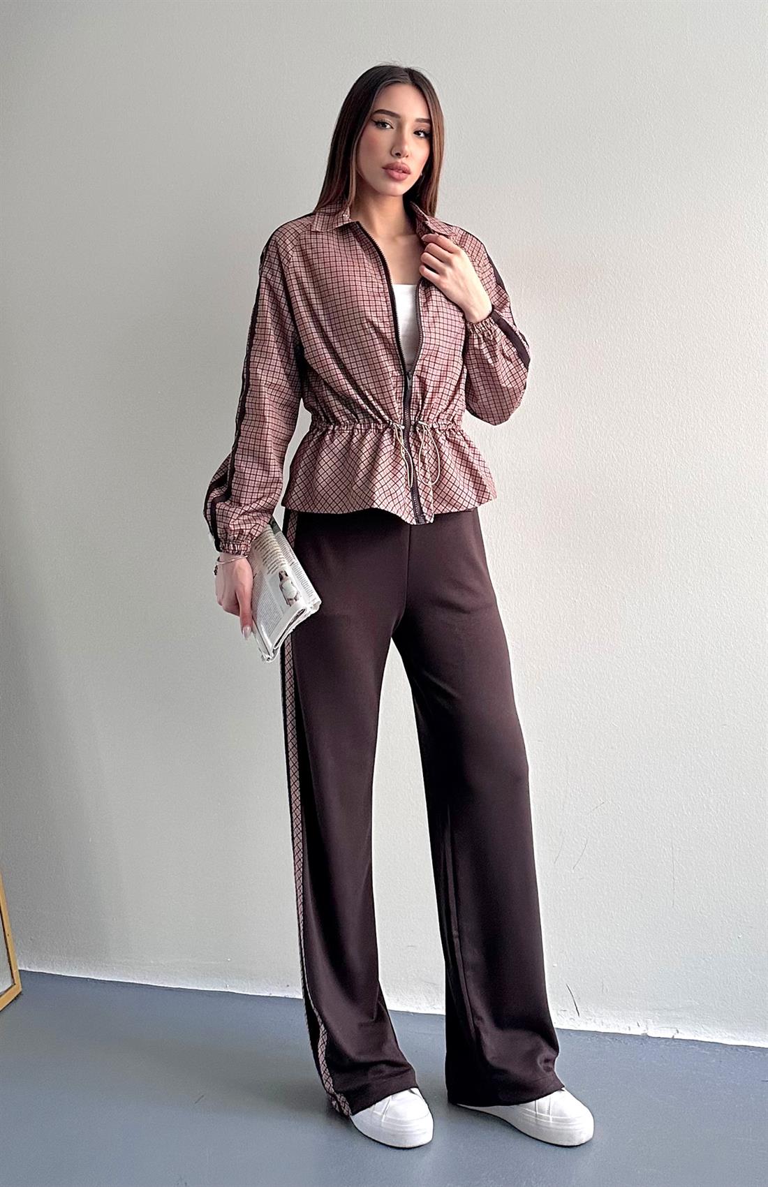 Kolu Garnili Pitikare Detaylı Pantolonlu Takım KAHVERENGİ