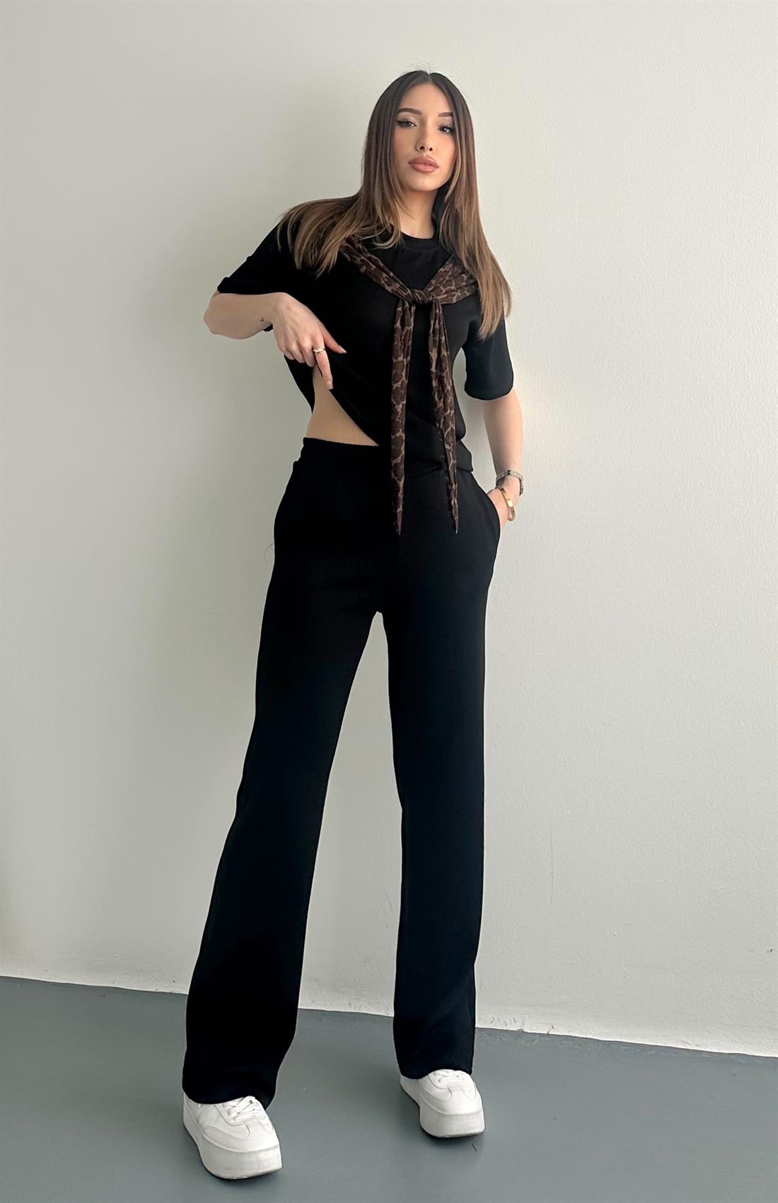 Leopar Detaylı Pantolonlu Takım SİYAH