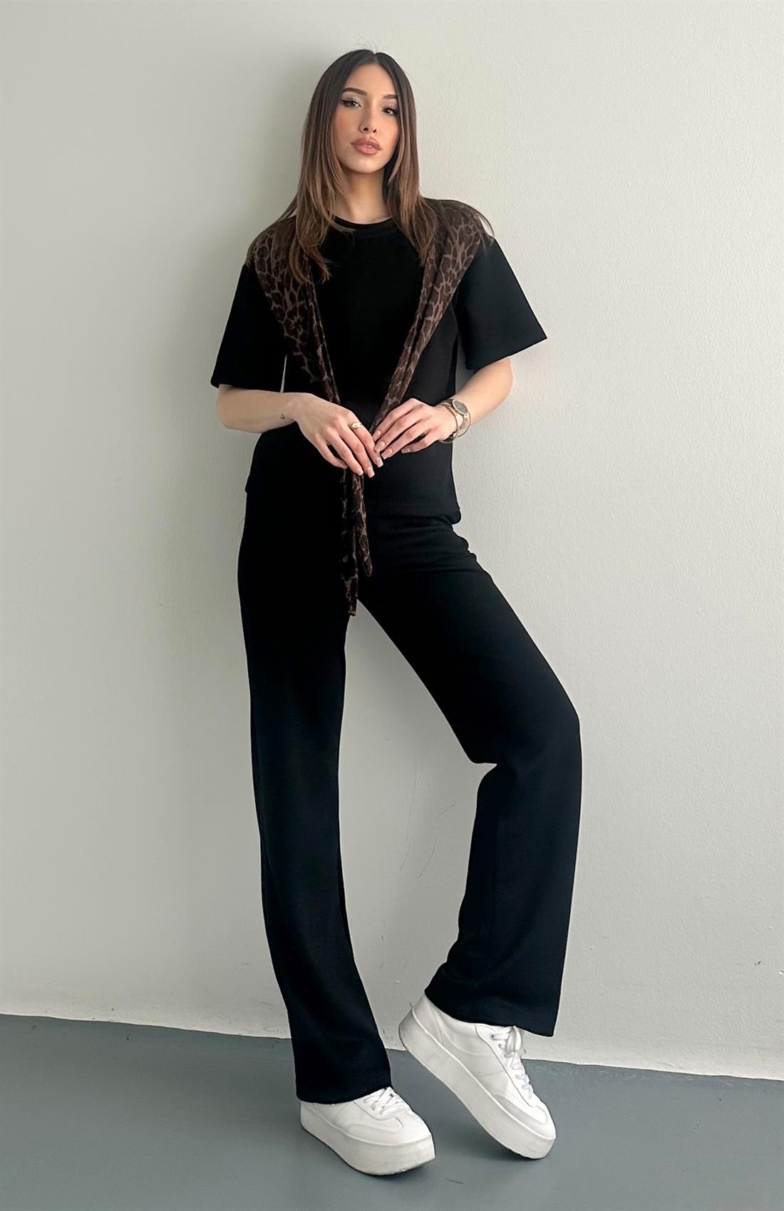 Leopar Detaylı Pantolonlu Takım SİYAH