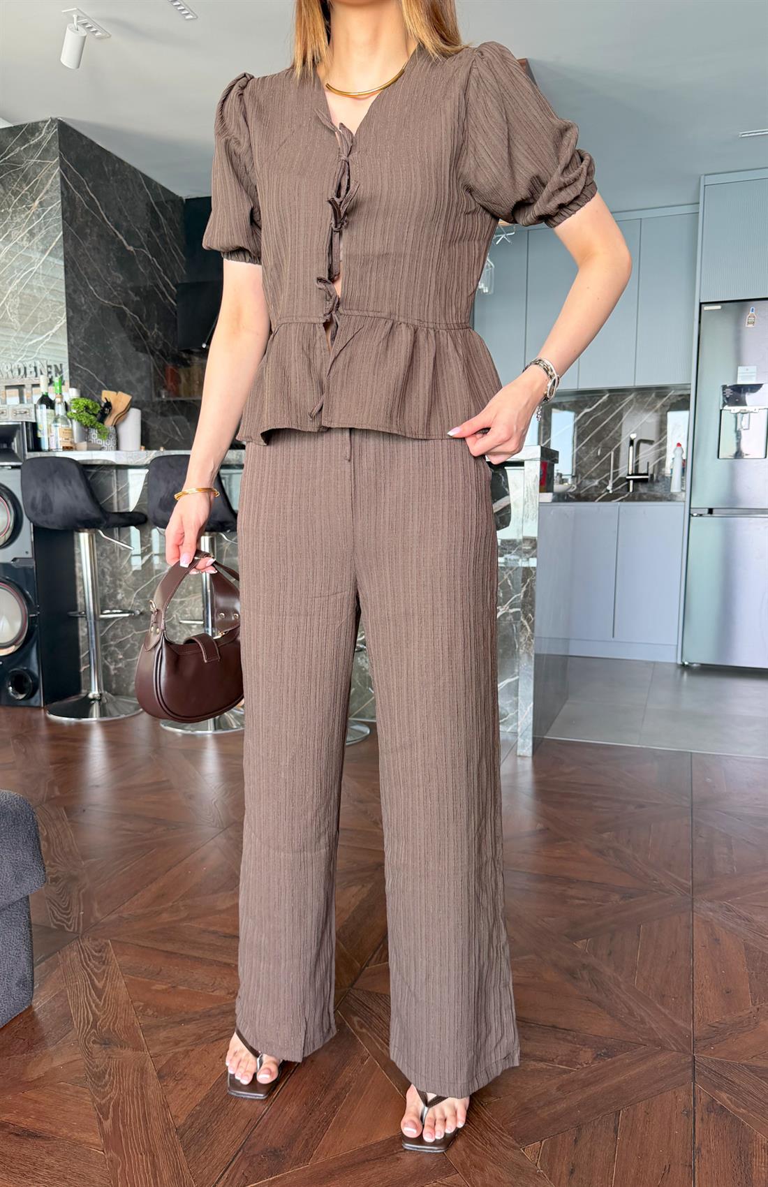 Ön Bağlamalı Pantolon Takım KAHVERENGİ