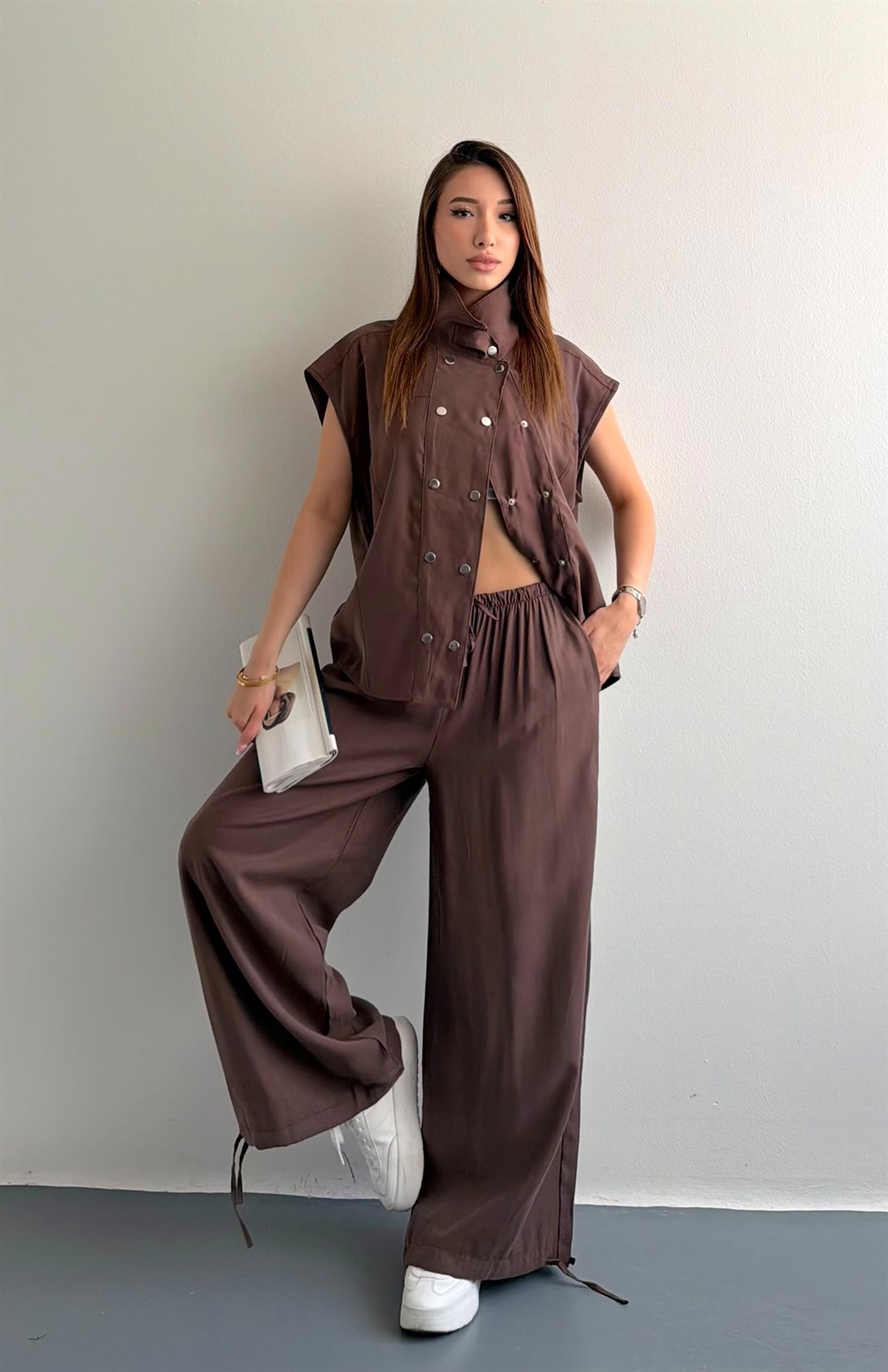 Tencel Çıtçıtlı Takım KAHVERENGİ