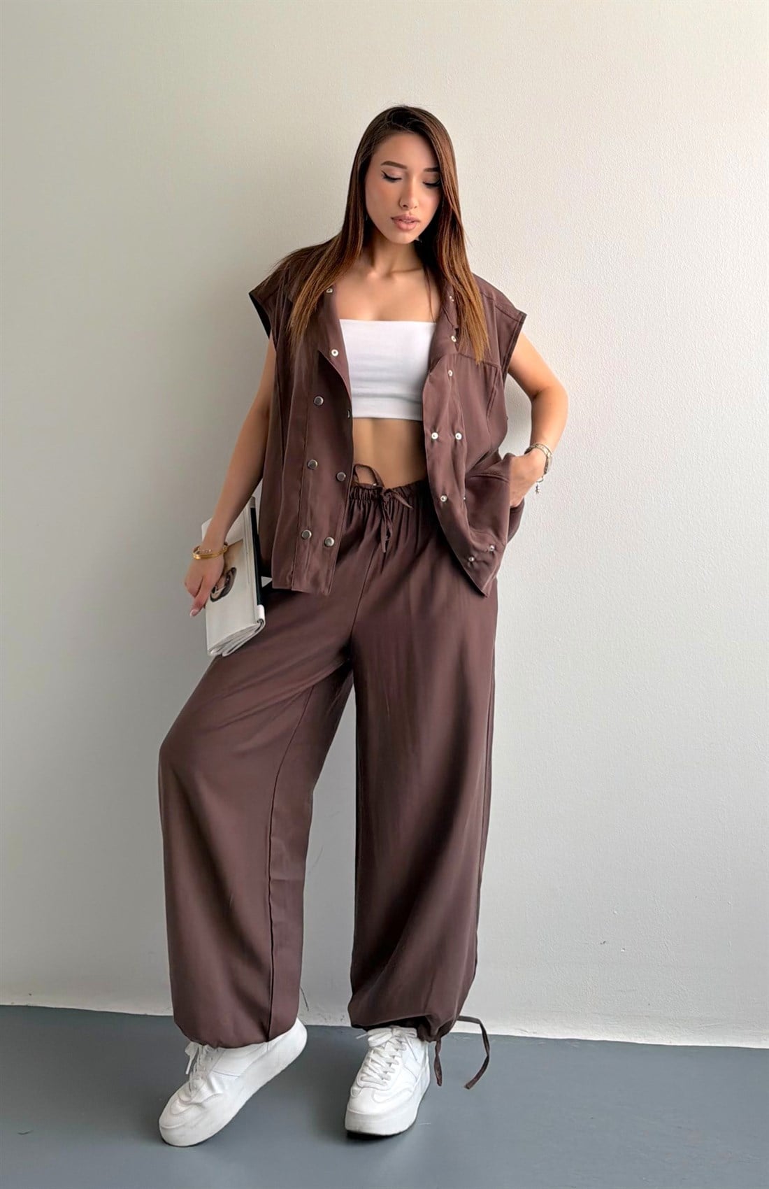 Tencel Çıtçıtlı Takım KAHVERENGİ