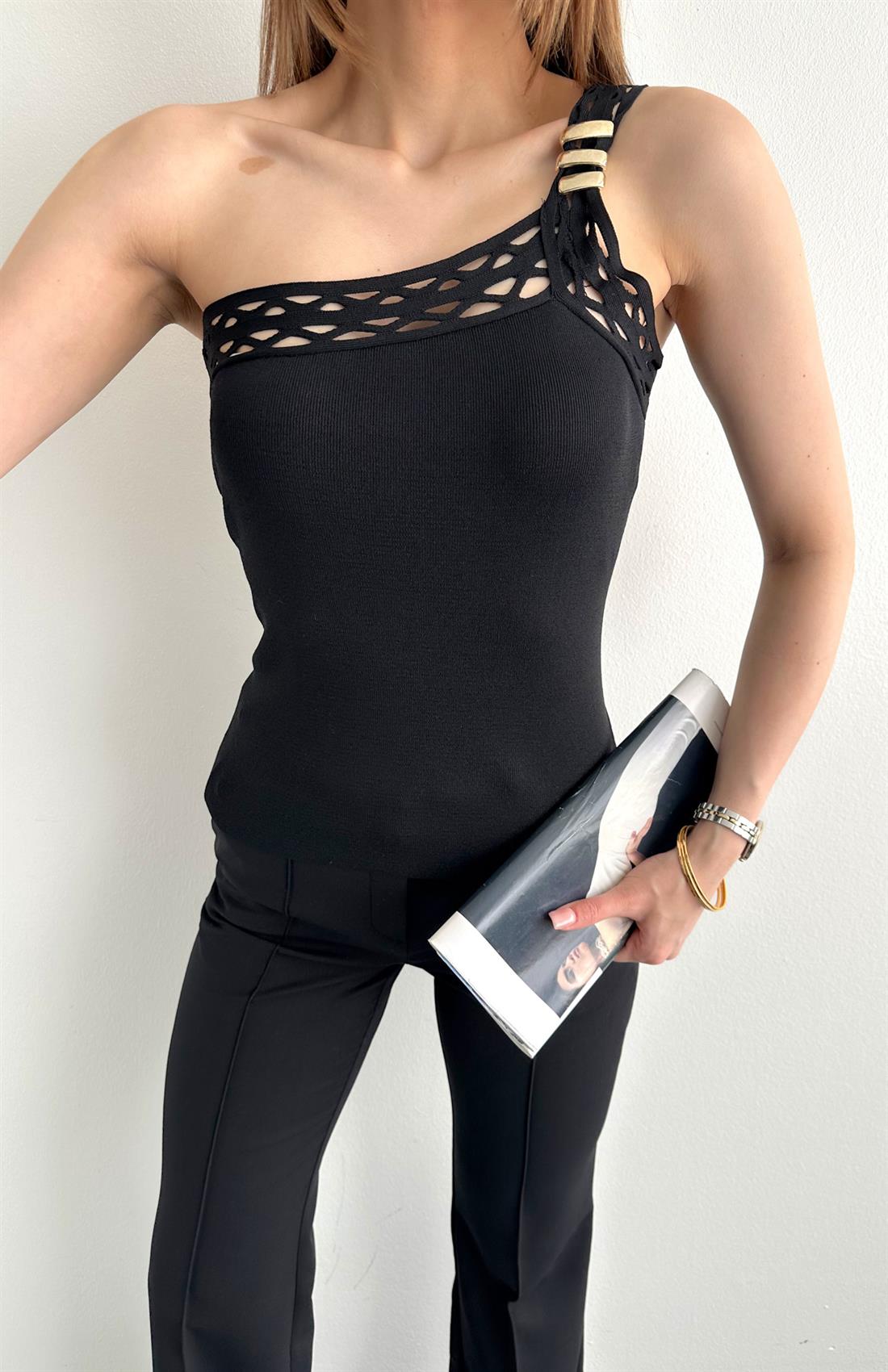 Asimetrik Örgü Triko SİYAH