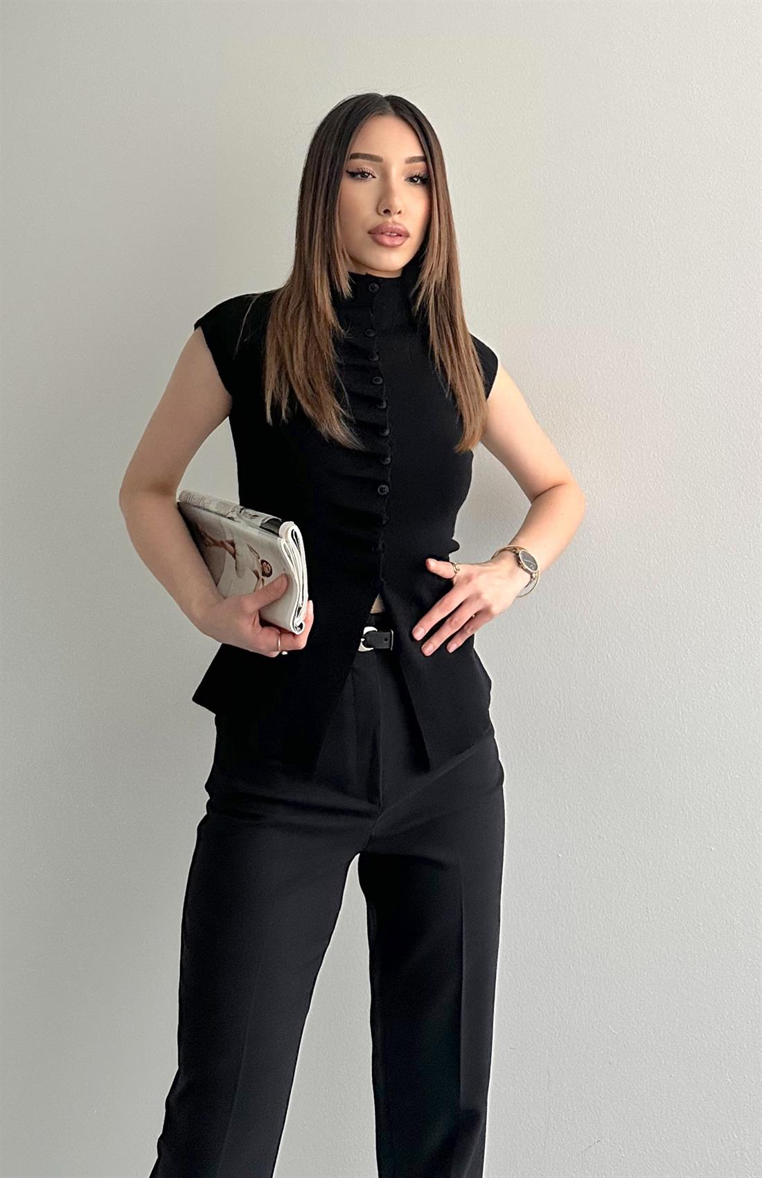 Düğmeli Kolsuz Triko SİYAH