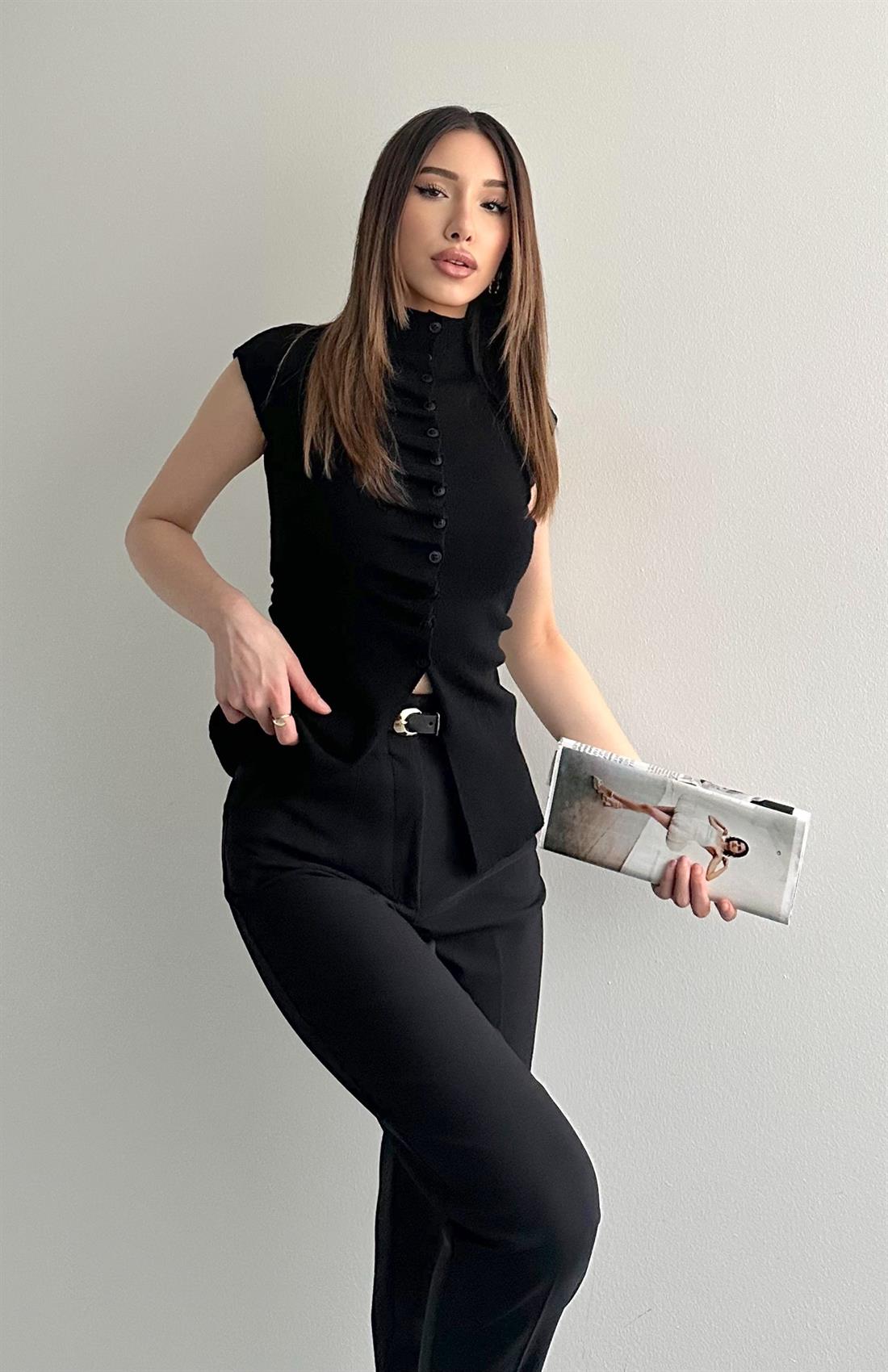 Düğmeli Kolsuz Triko SİYAH