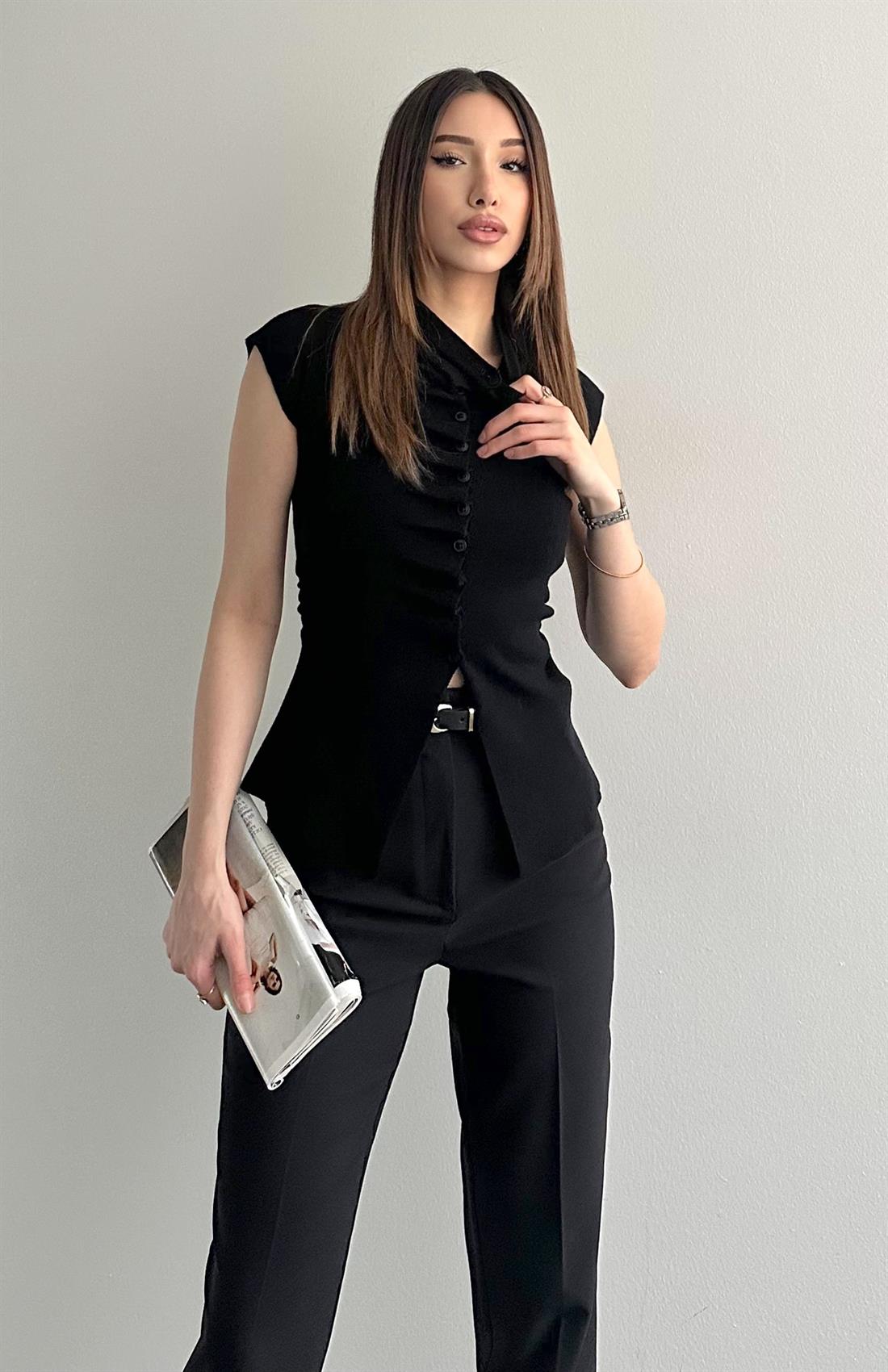 Düğmeli Kolsuz Triko SİYAH