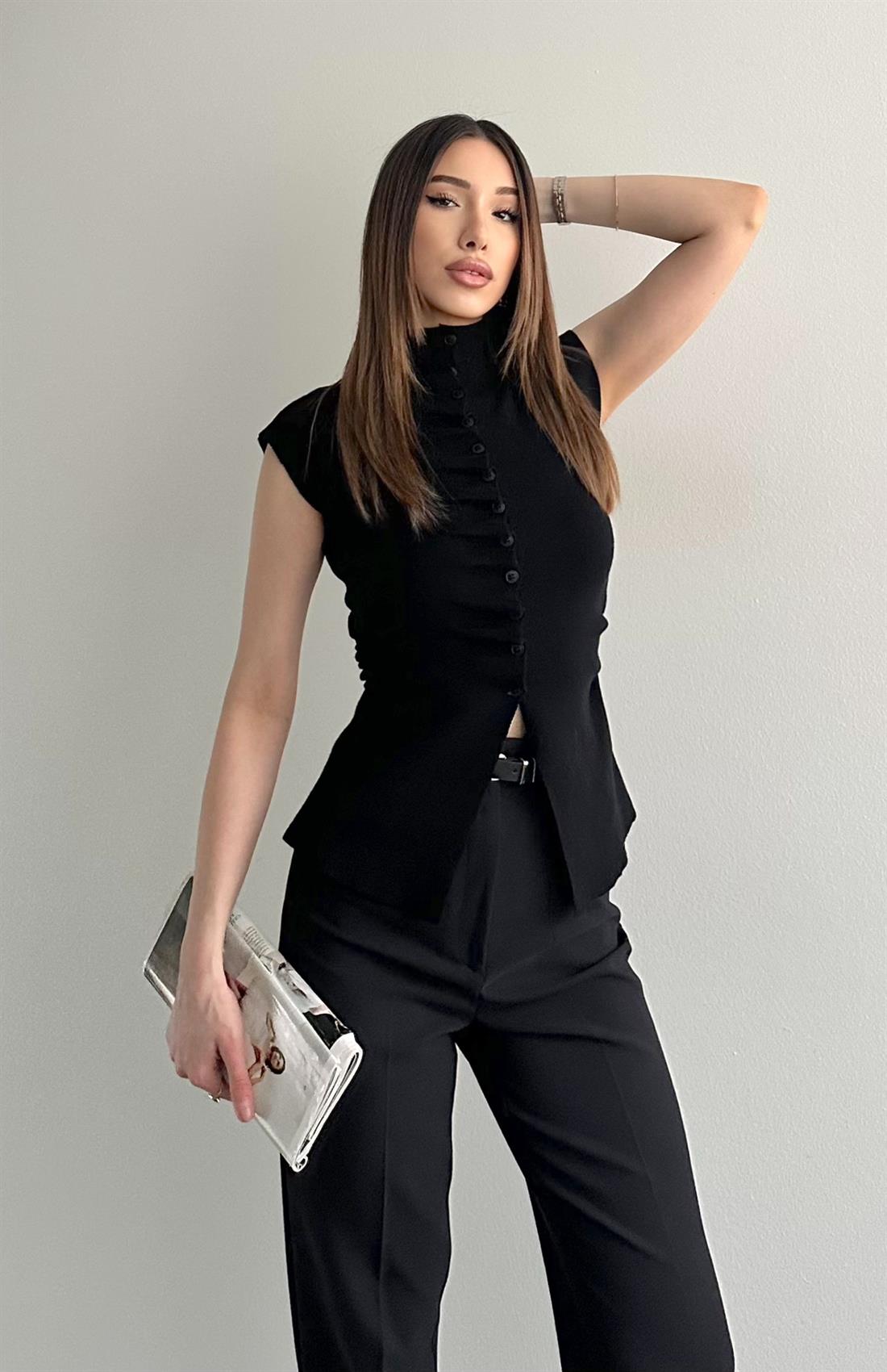 Düğmeli Kolsuz Triko SİYAH