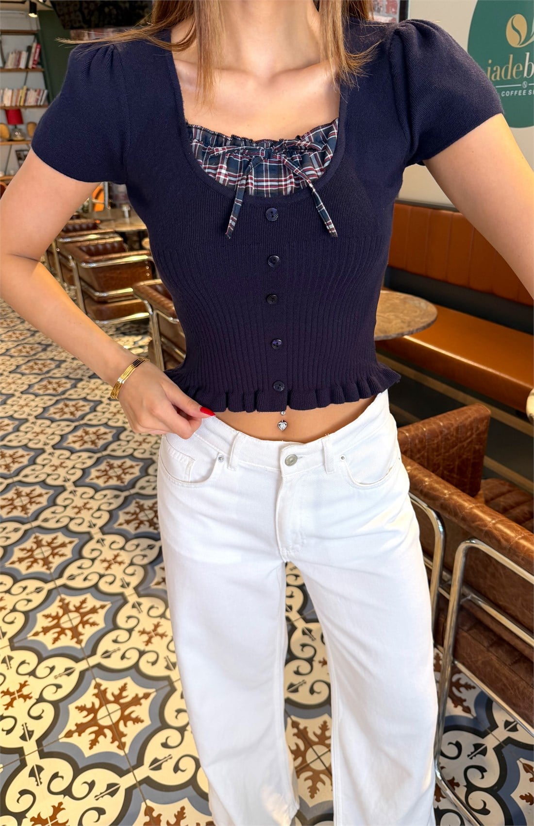 Önü Ekose Detaylı Triko LACİVERT