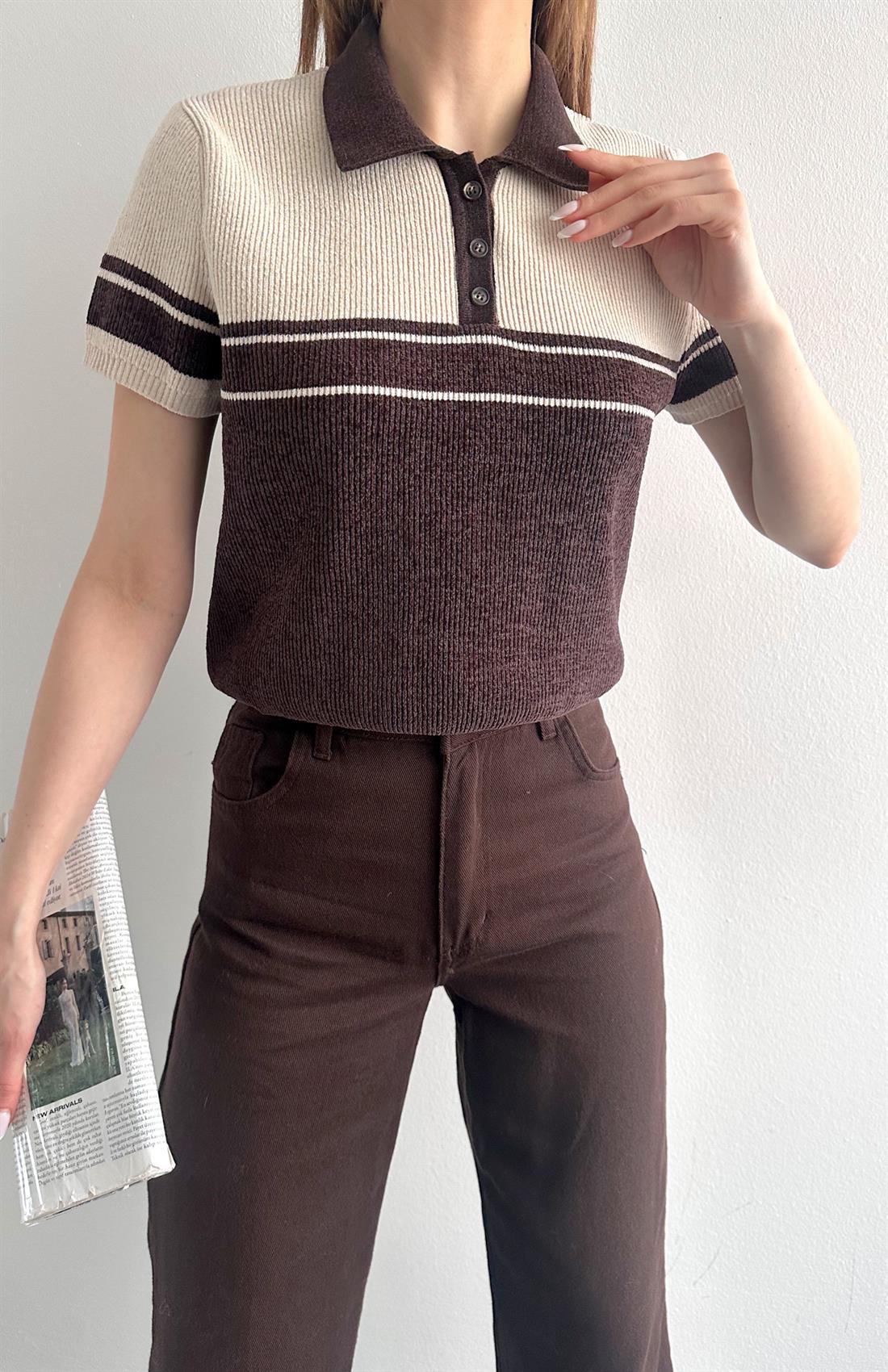 Polo Yaka Çift Renk Kısa Kol Triko Kahve-bej