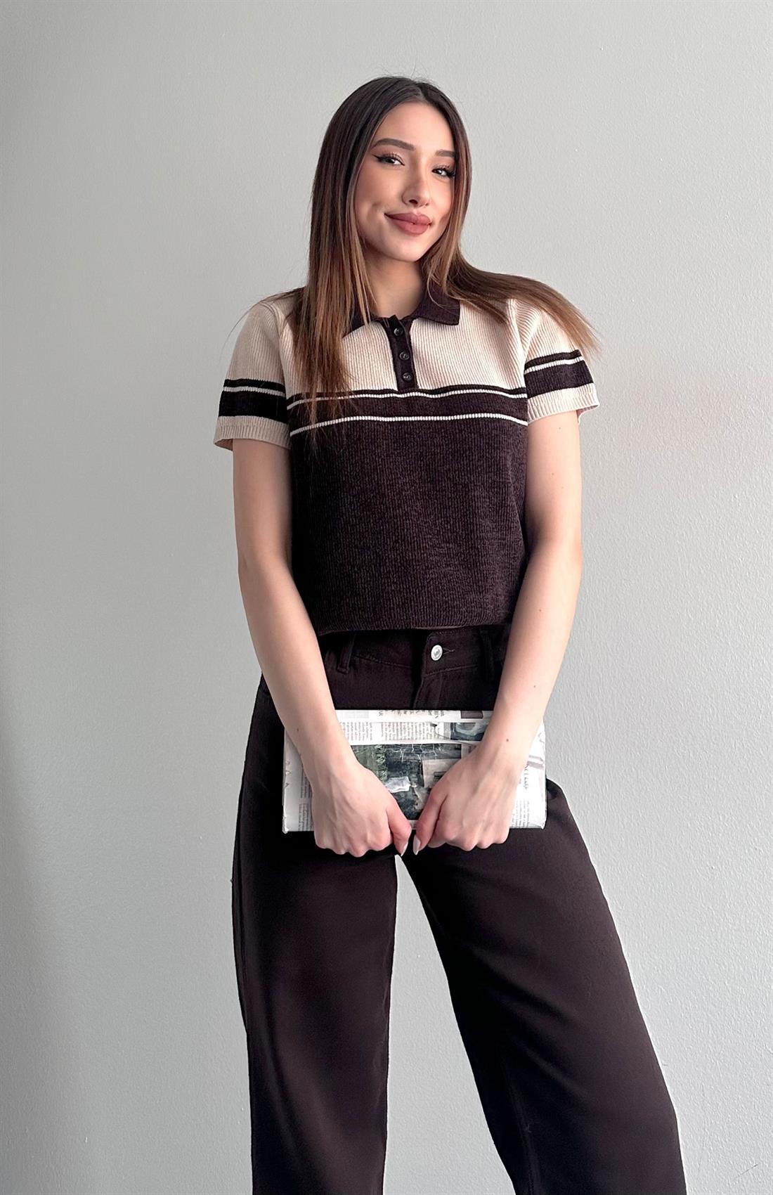 Polo Yaka Çift Renk Kısa Kol Triko Kahve-bej