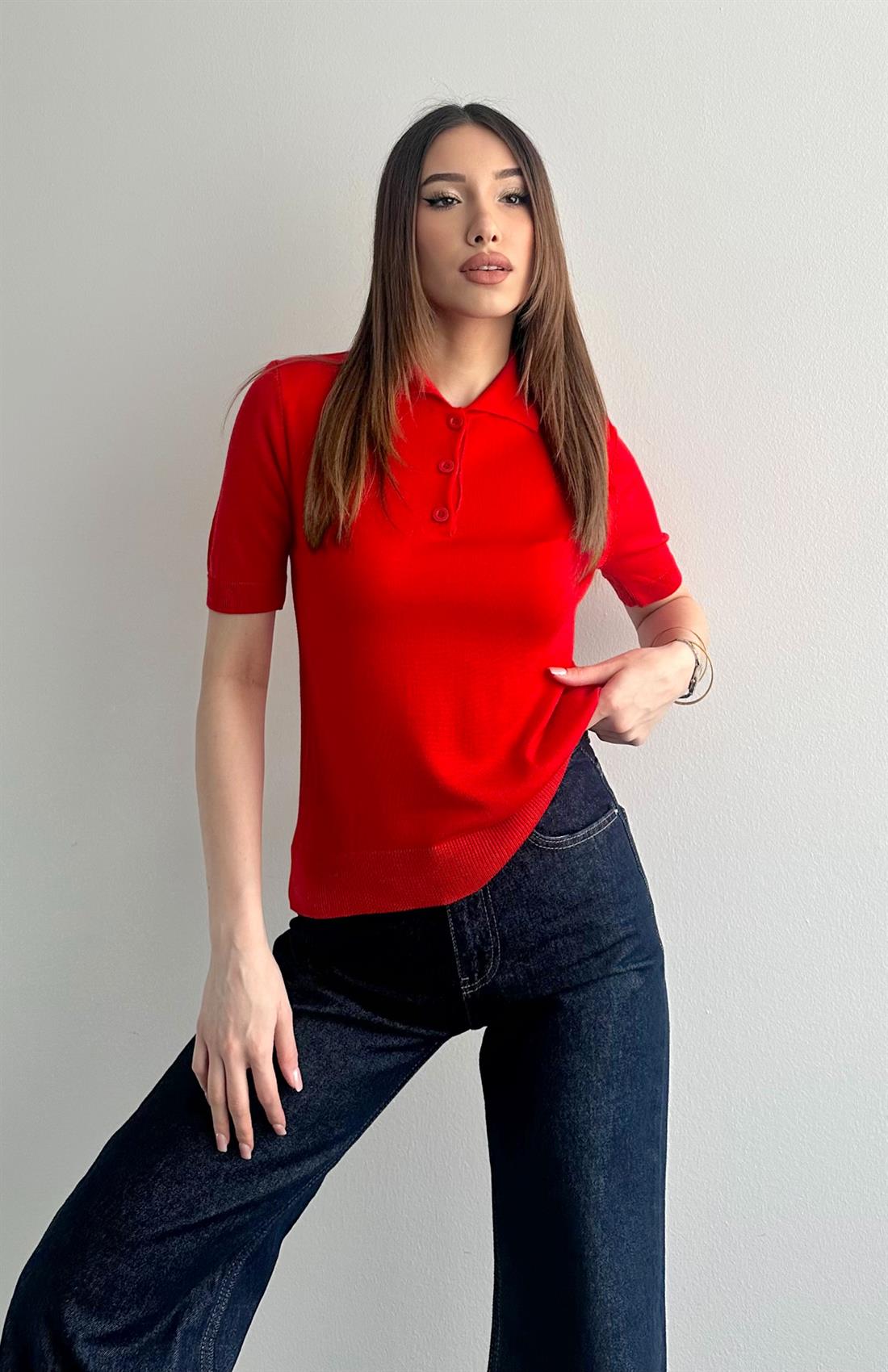 Polo Yaka Kısa Kol Triko KIRMIZI