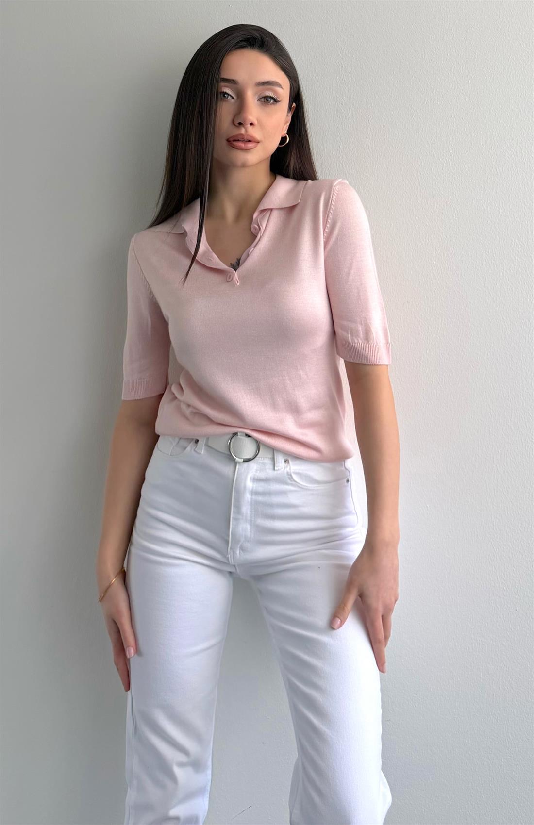 Polo Yaka Kısa Kol Triko PEMBE