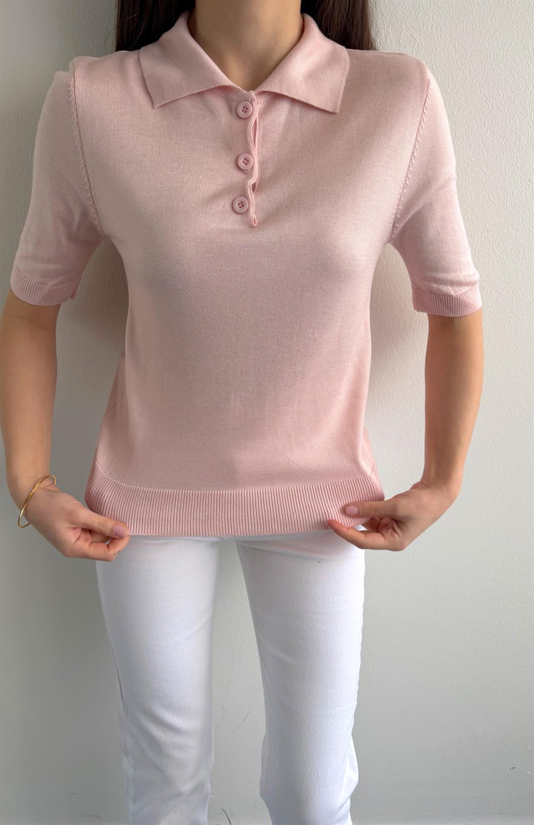 Polo Yaka Kısa Kol Triko PEMBE
