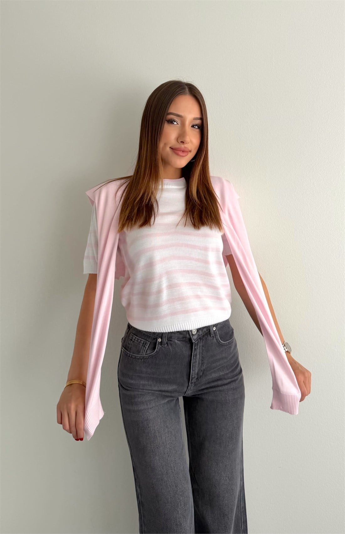 Şal Detaylı Triko EKRU-PEMBE