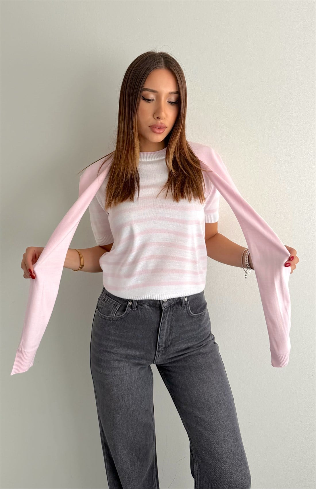 Şal Detaylı Triko EKRU-PEMBE