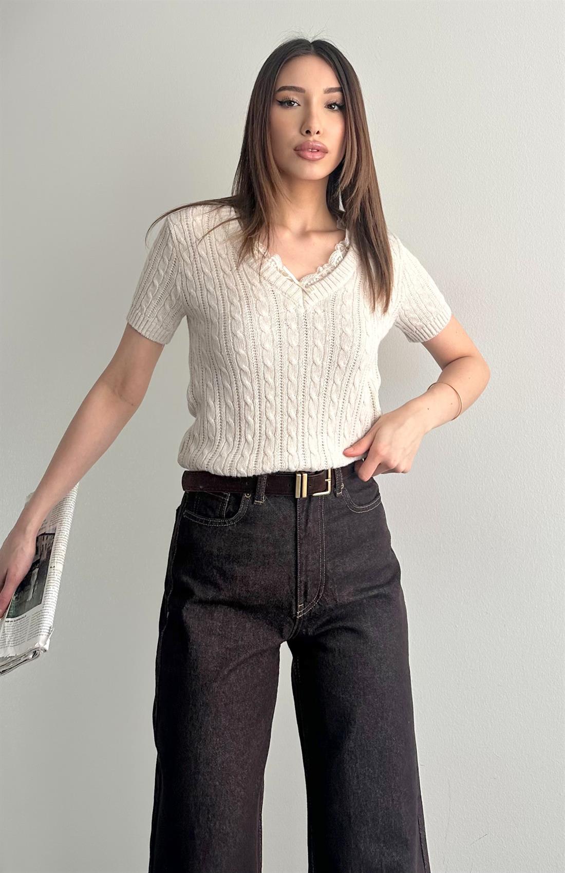 V Yaka Dantelli Triko KREM