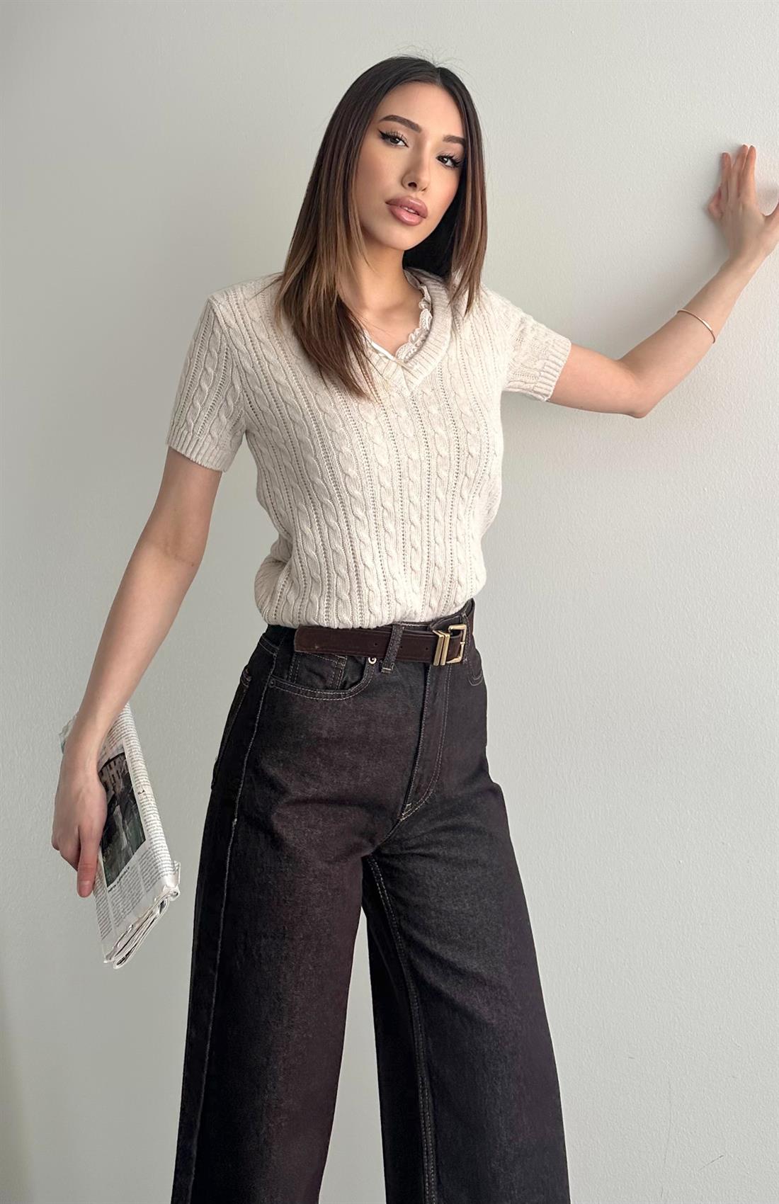 V Yaka Dantelli Triko KREM