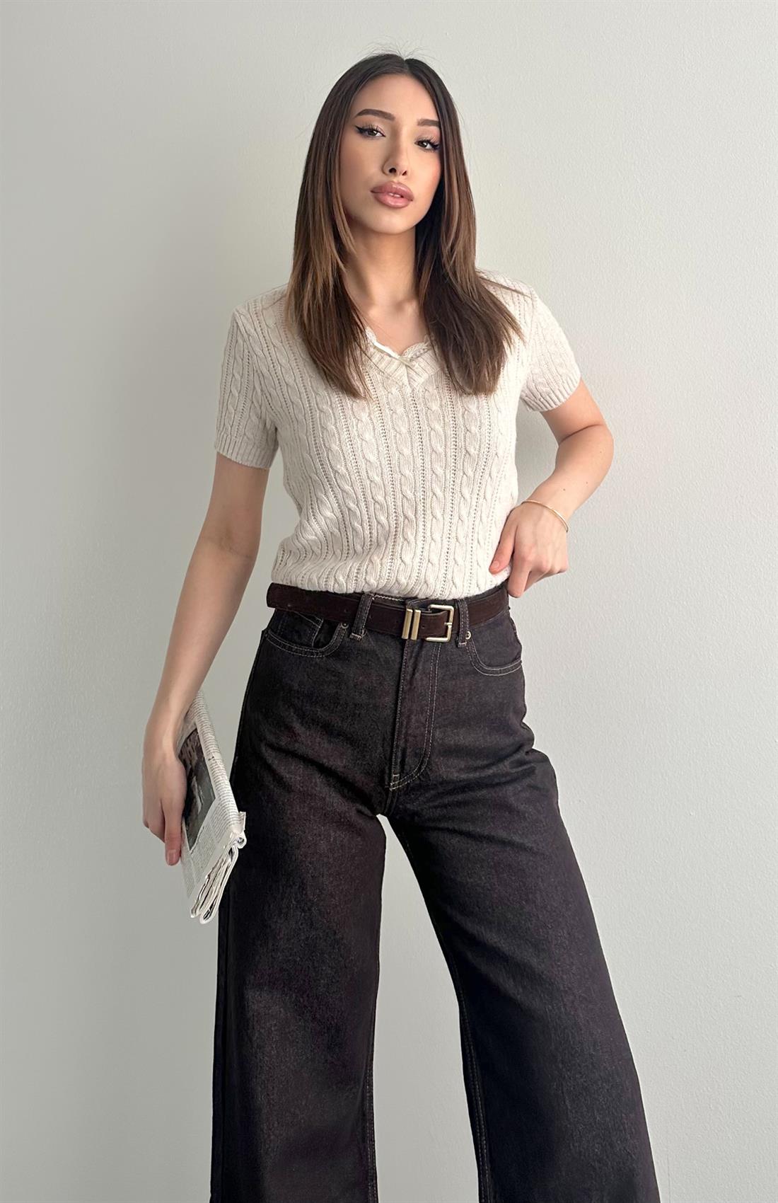 V Yaka Dantelli Triko KREM