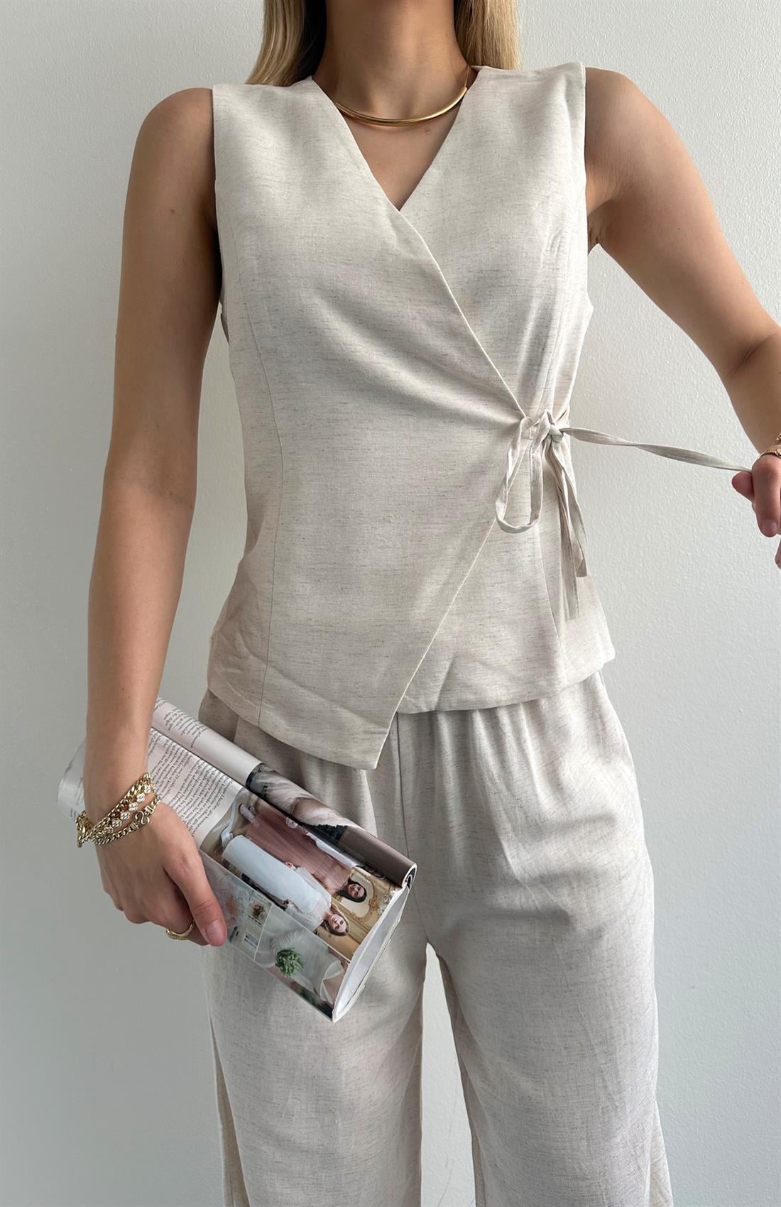 Belden Bağlamalı Yelek NATURAL