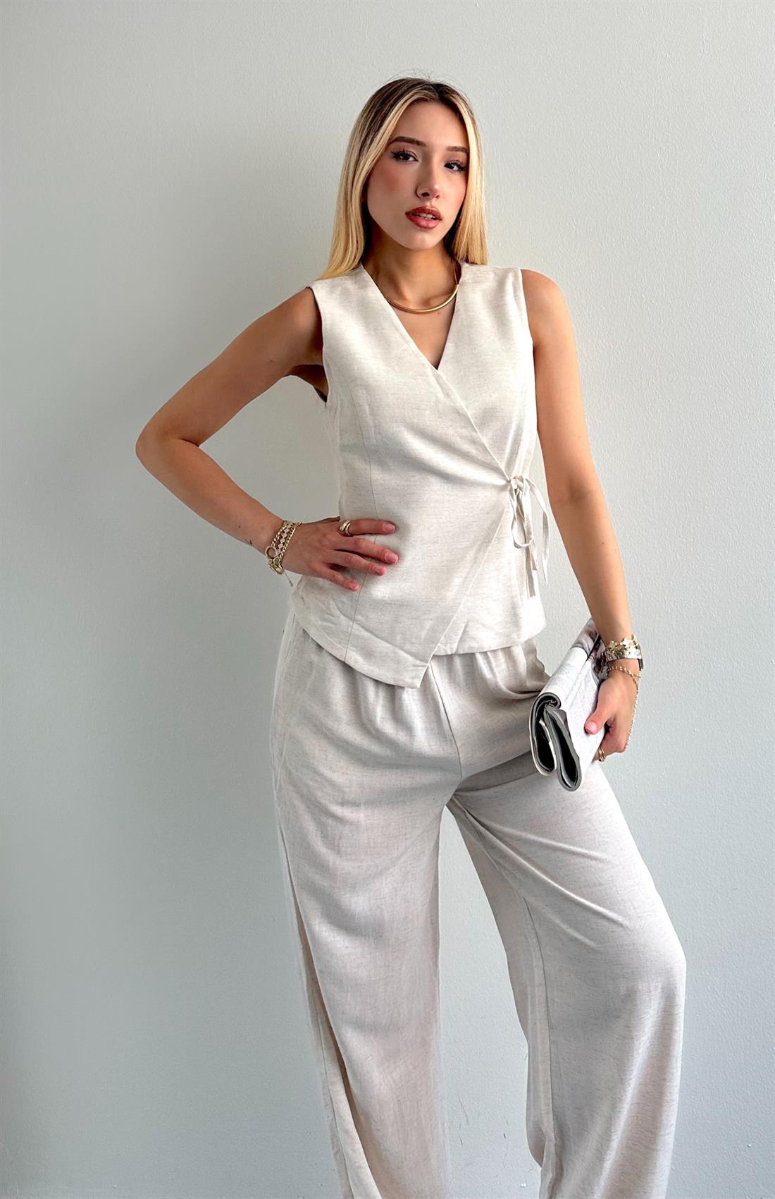 Belden Bağlamalı Yelek NATURAL