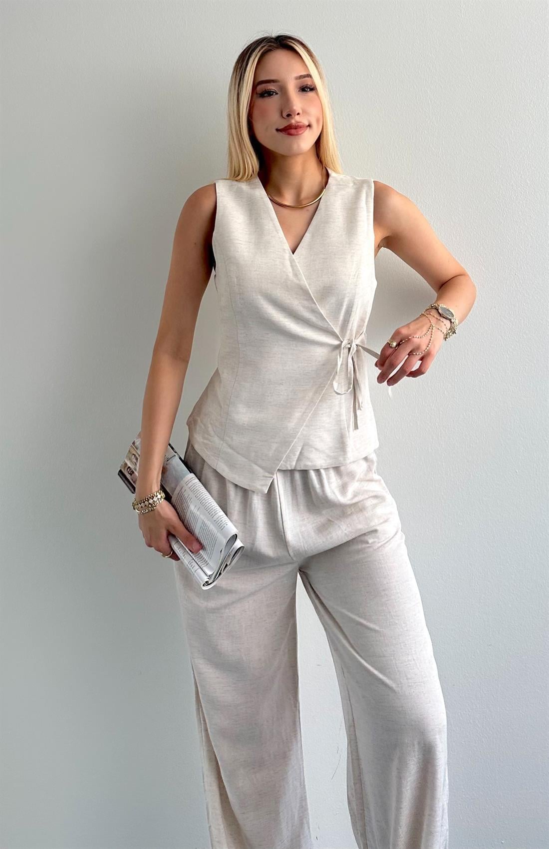 Belden Bağlamalı Yelek NATURAL