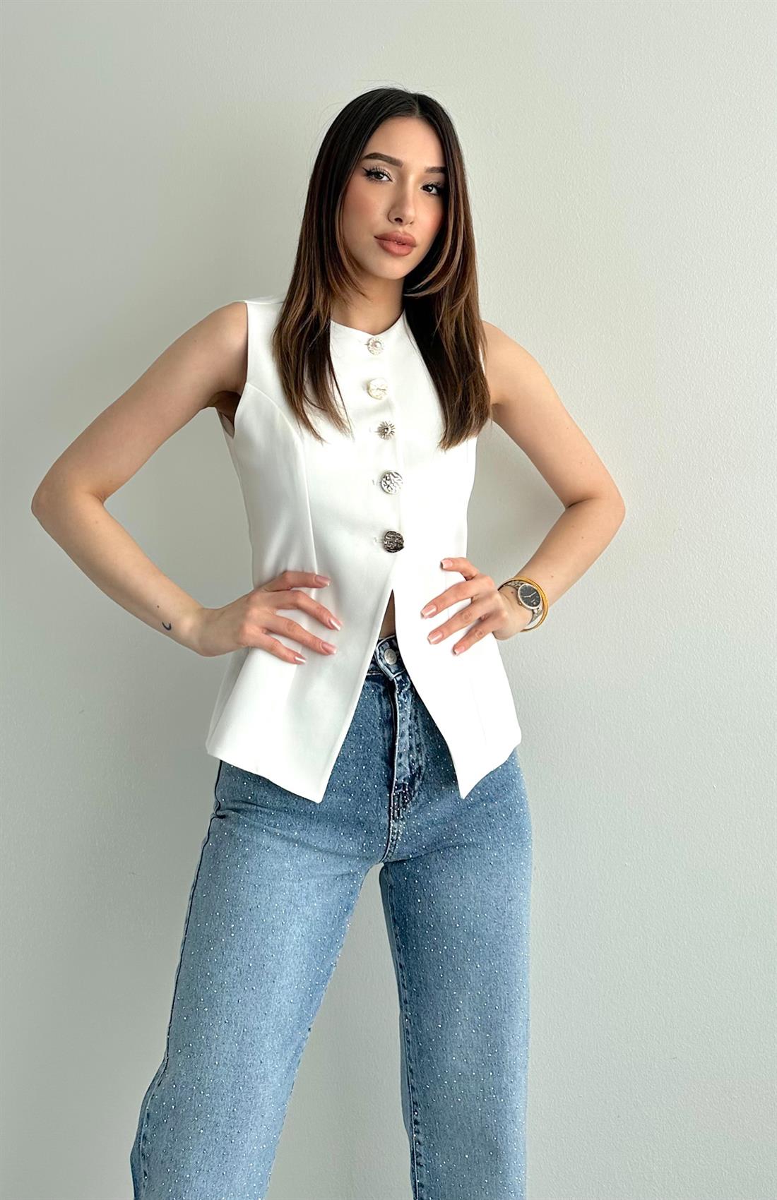 Düğmeli Kuplu Önü V Kesim Yelek EKRU