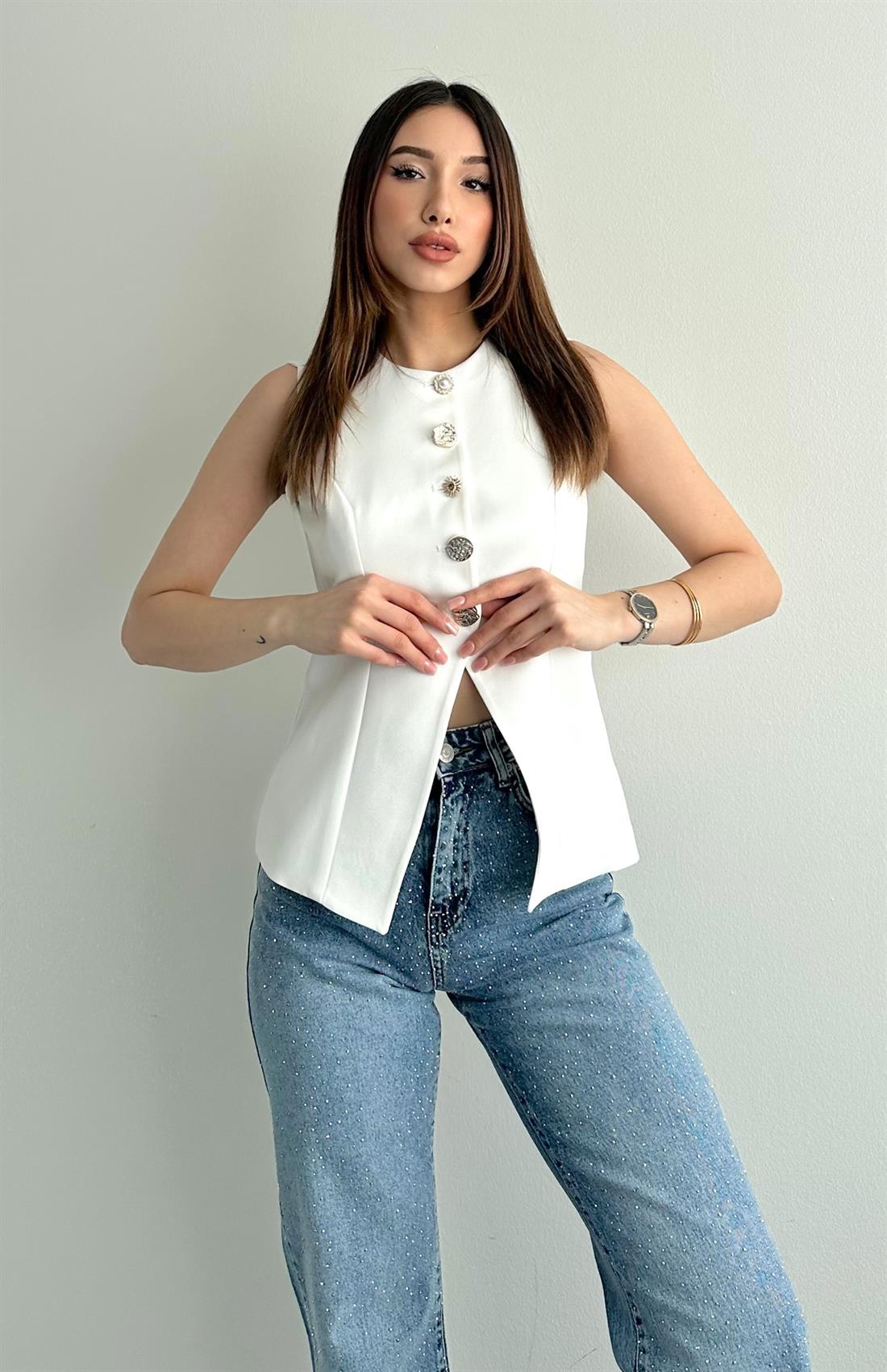 Düğmeli Kuplu Önü V Kesim Yelek EKRU